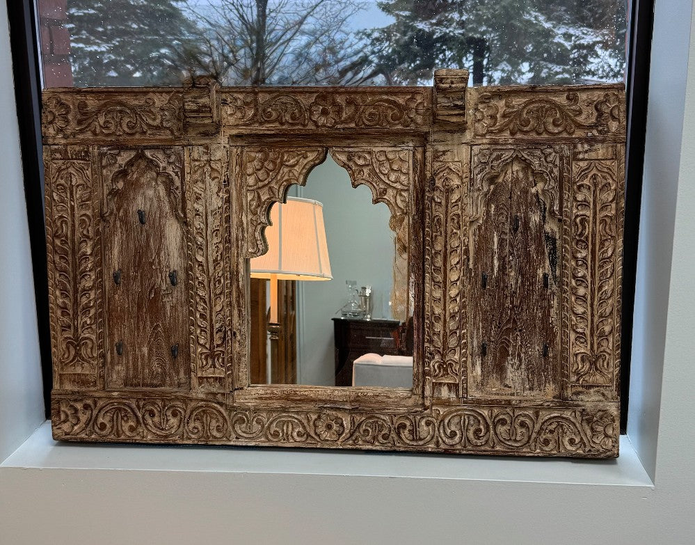 Hand-carved Indian Mirror with Iron Hooks|2661
