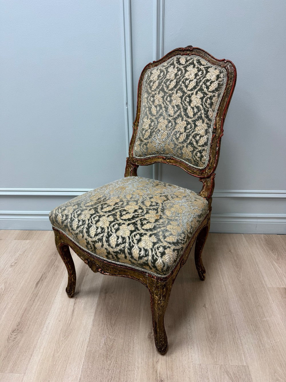 LOUIS XV Celadon & Gold Velvet Damask Chair|3681