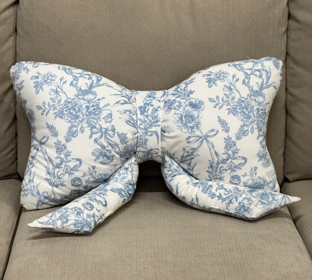 Light Blue Toile Velvet Bow Pillow|3299