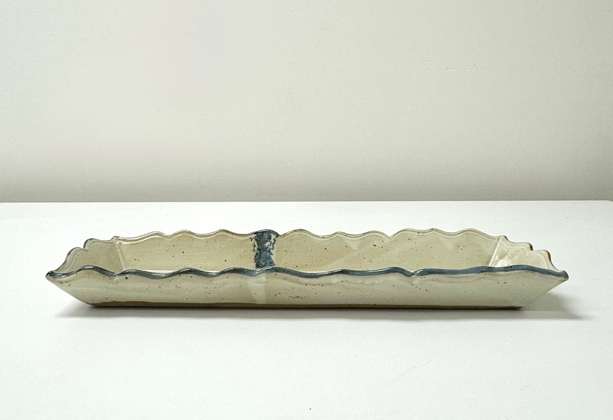 Beige & Blue Scalloped Stoneware Tray