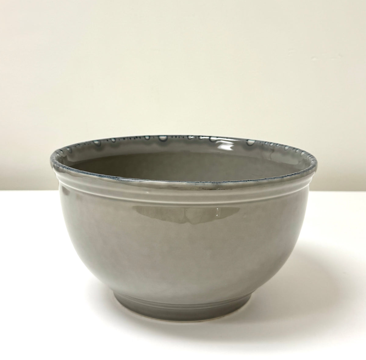 Gray Gloss Ceramic Bowl with Blue Drip Rim