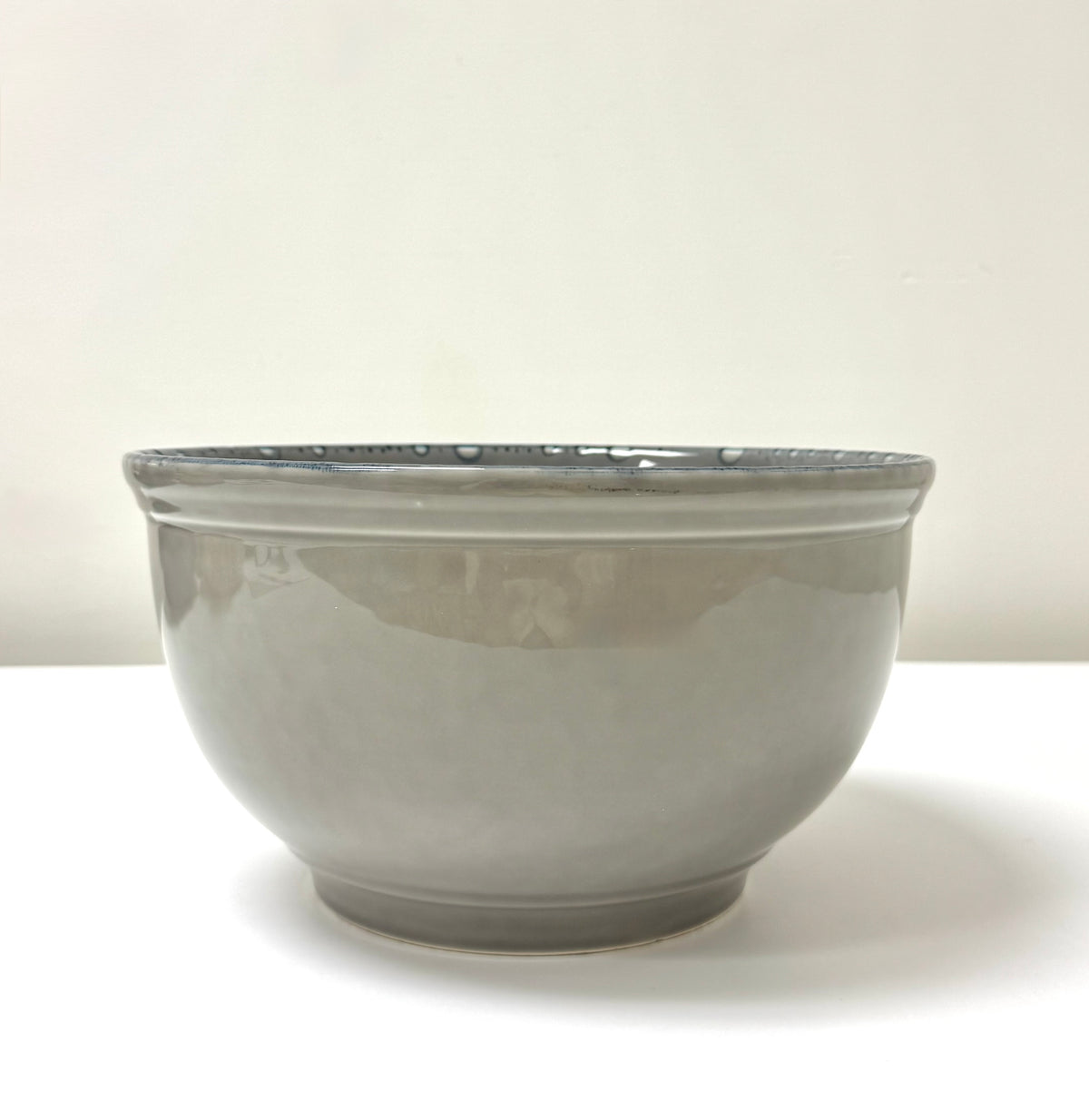 Gray Gloss Ceramic Bowl with Blue Drip Rim