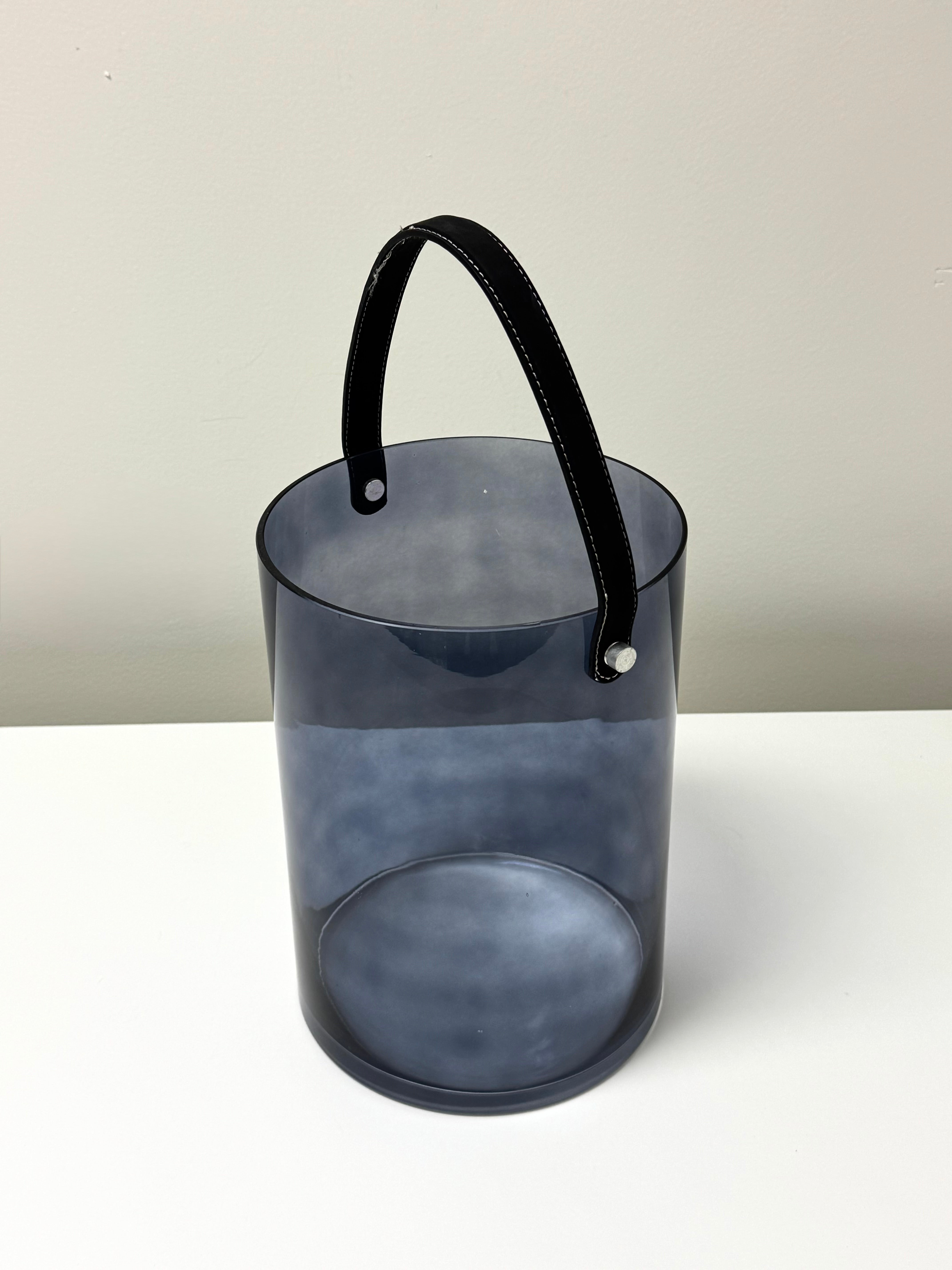 Smoky Blue Glass Bucket with Leather Handle