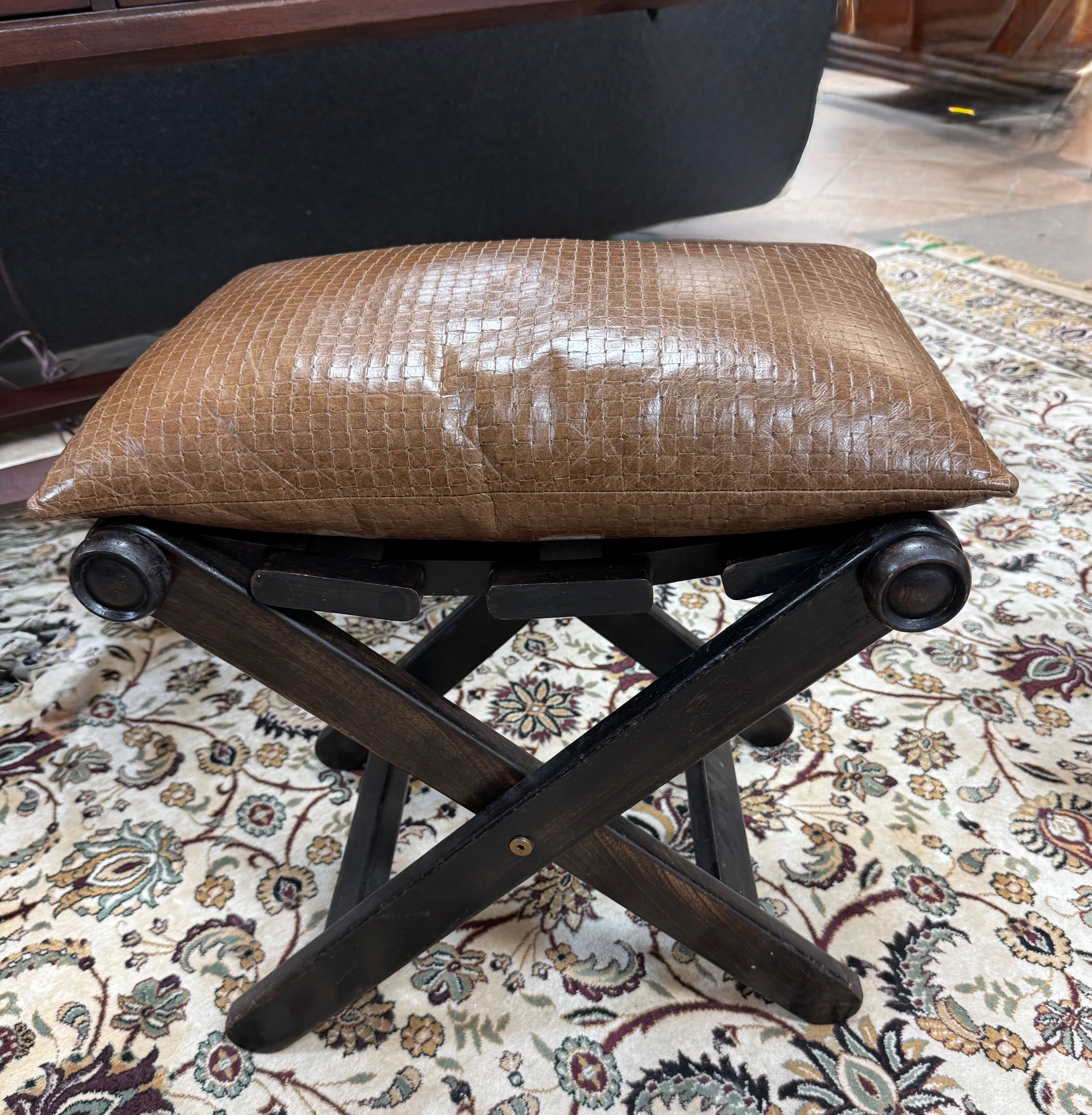Folding Stool with Woven Seat & Leather Cushion