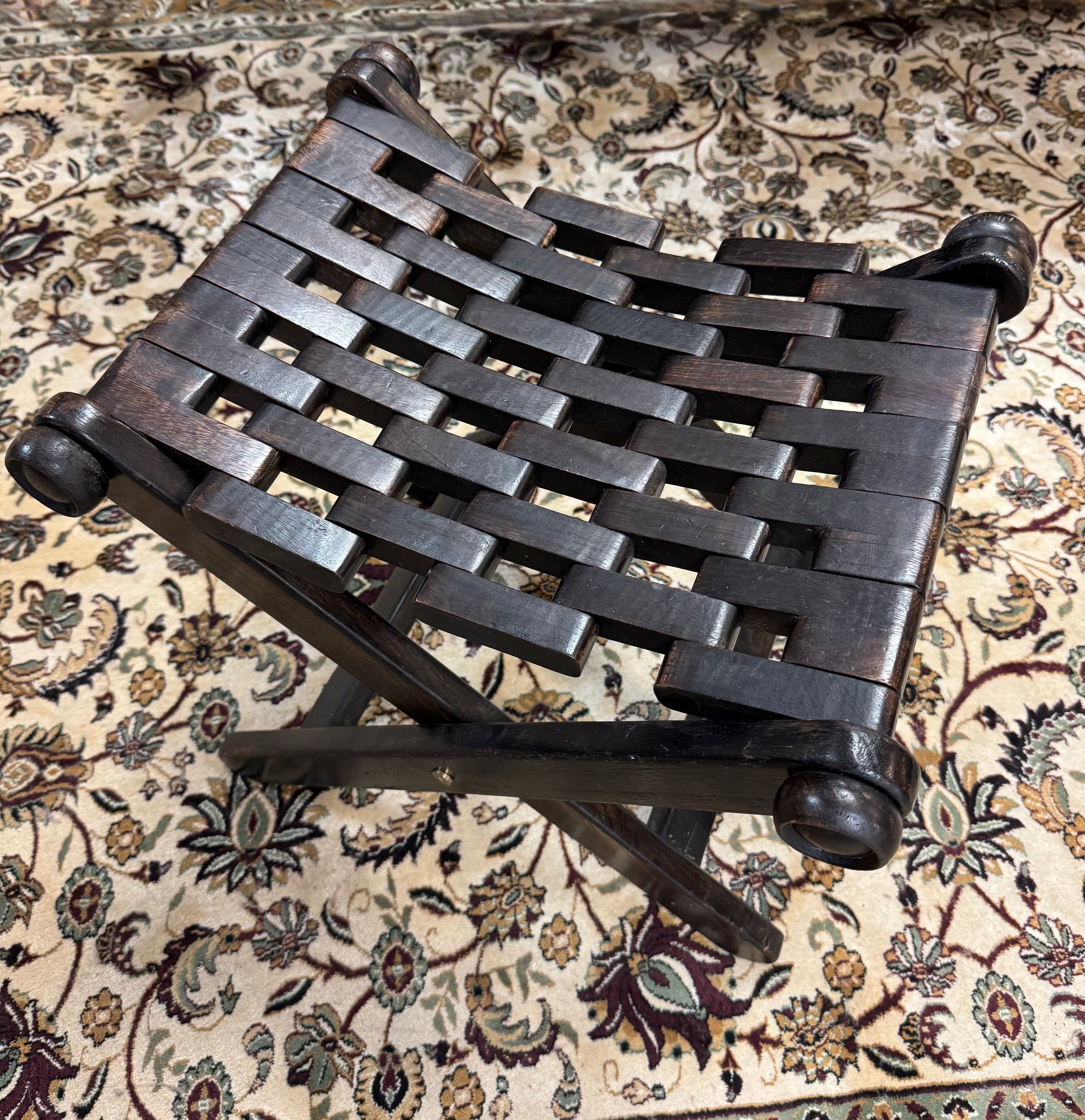 Folding Stool with Woven Seat & Leather Cushion