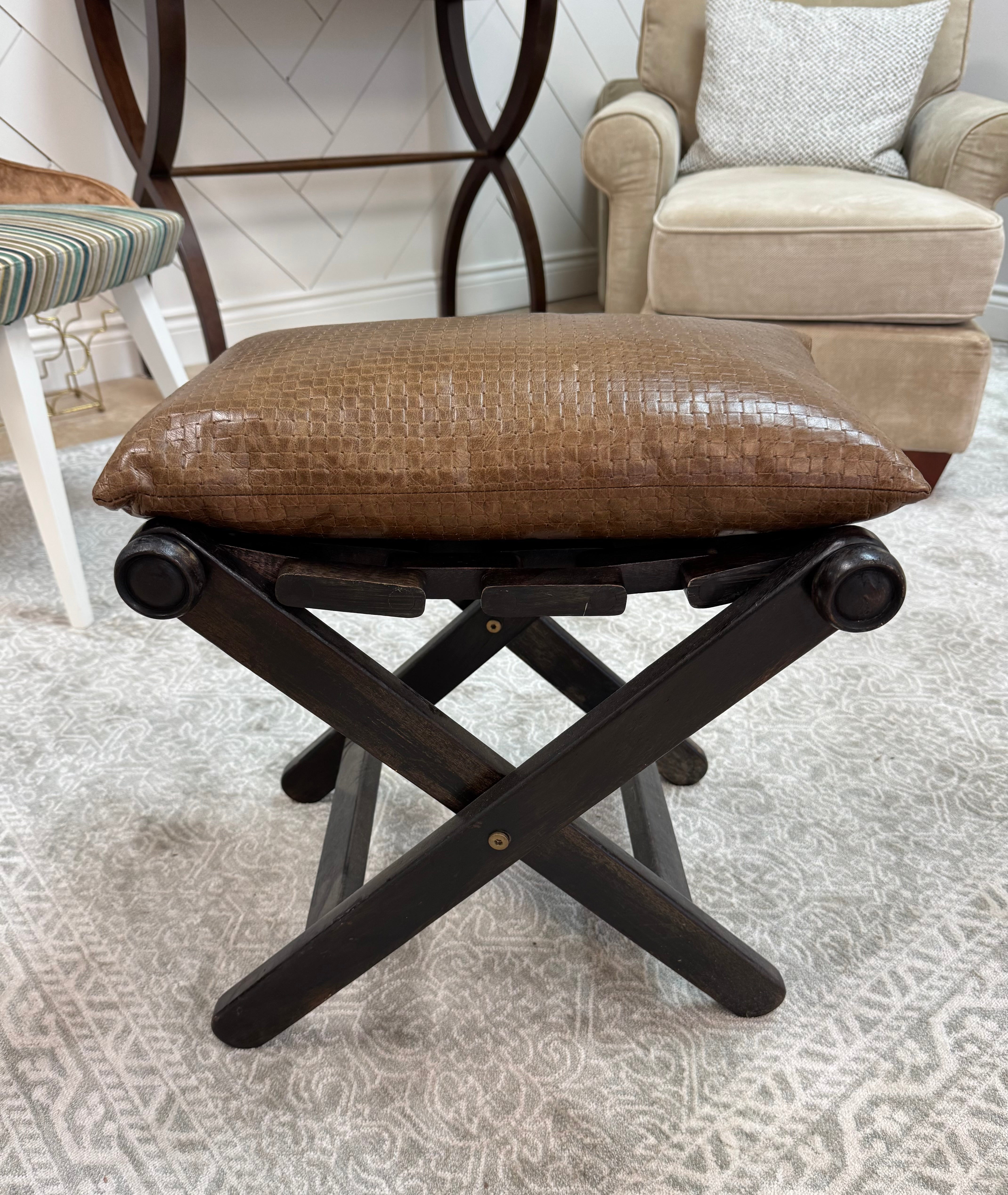 Folding Stool with Woven Seat & Leather Cushion
