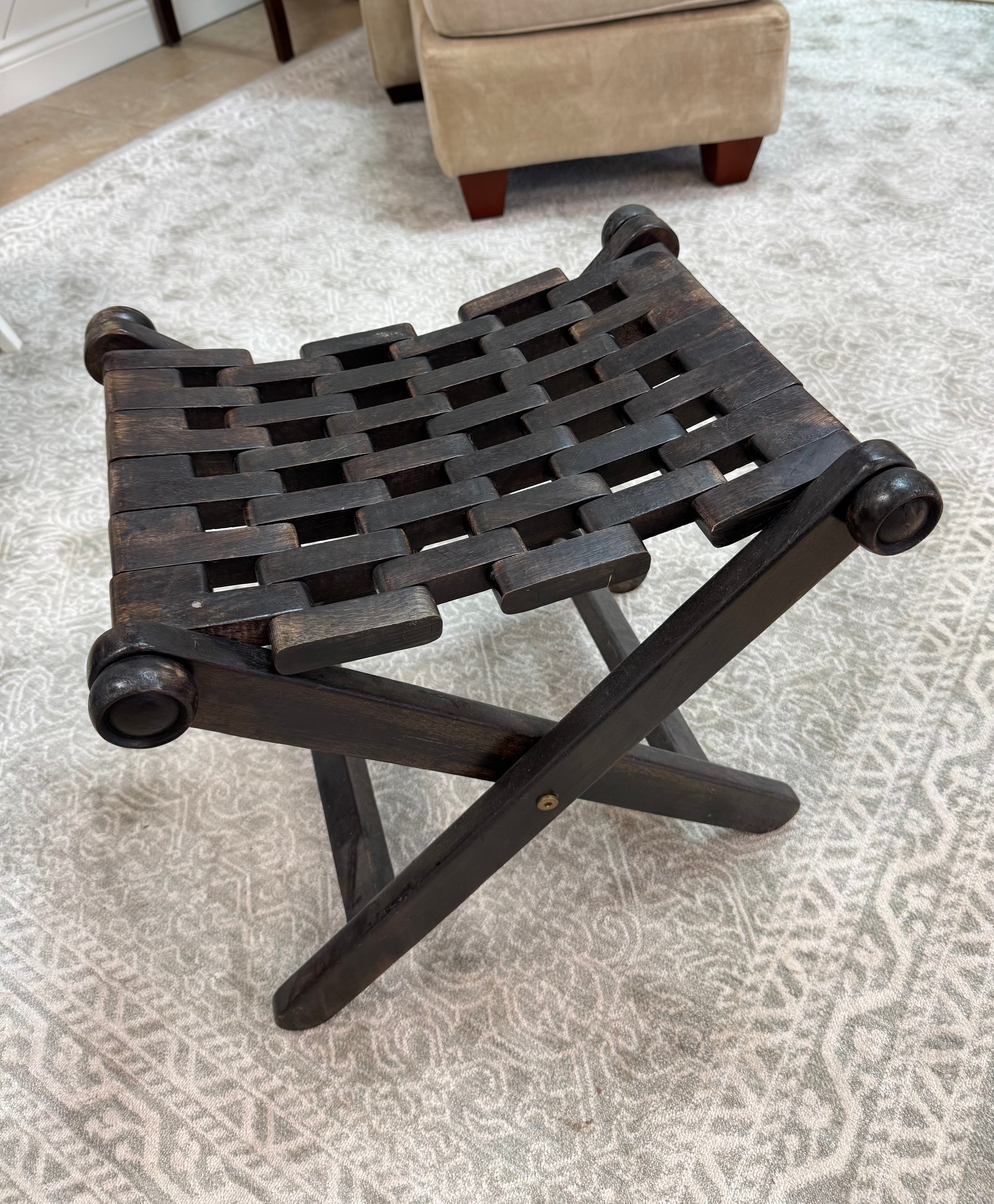 Folding Stool with Woven Seat & Leather Cushion