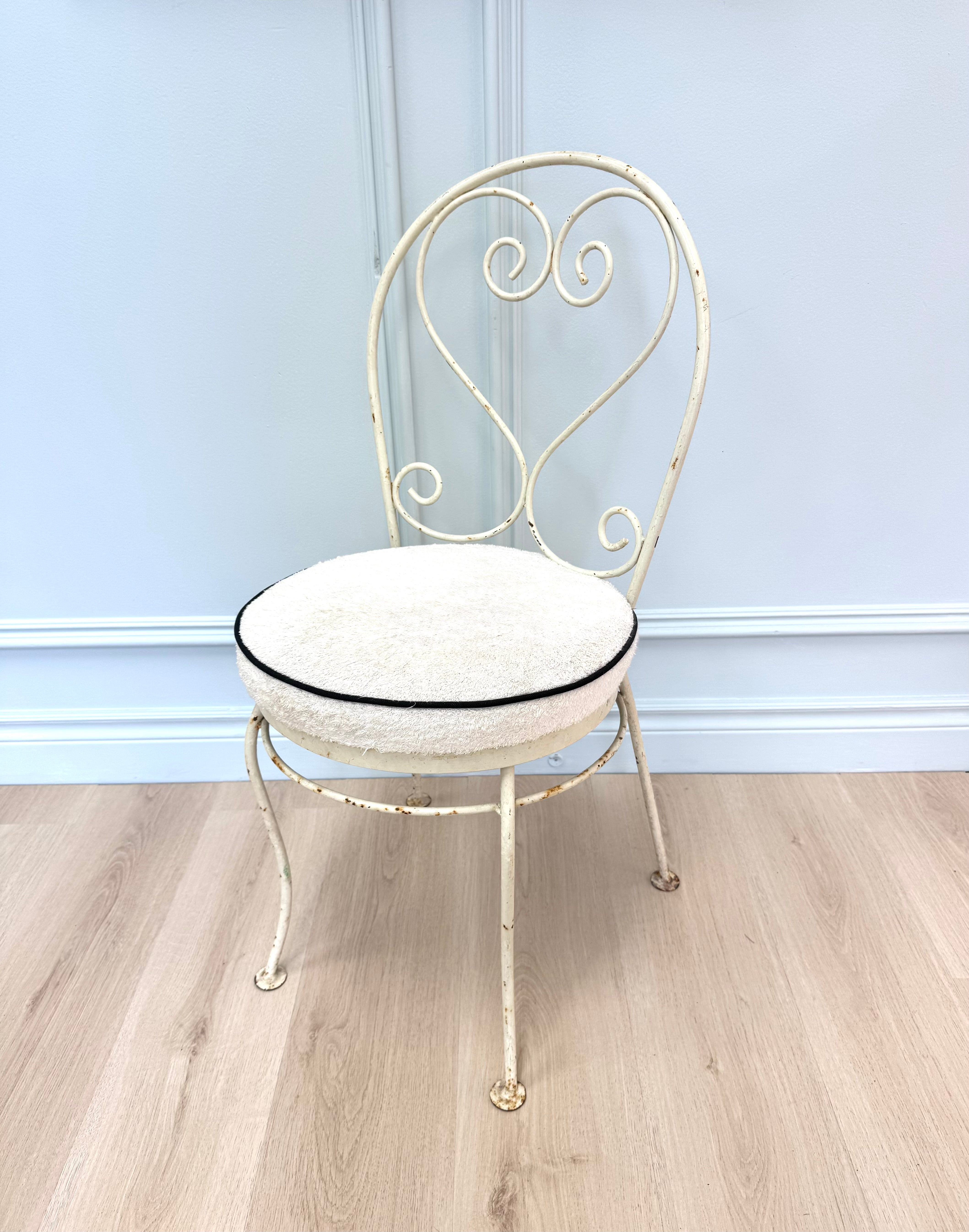 Vintage Distressed White Iron Chair with Terry Cushion