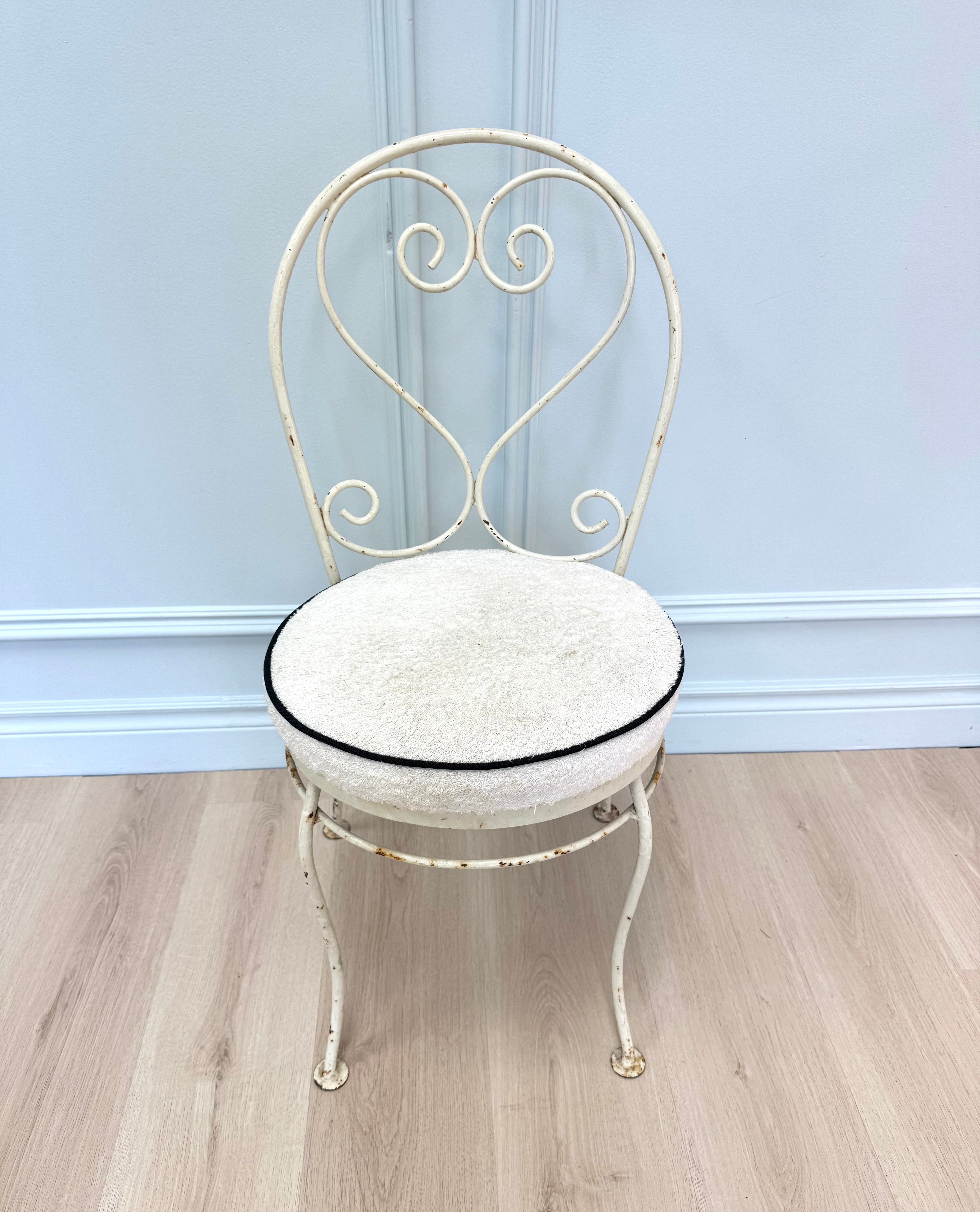Vintage Distressed White Iron Chair with Terry Cushion