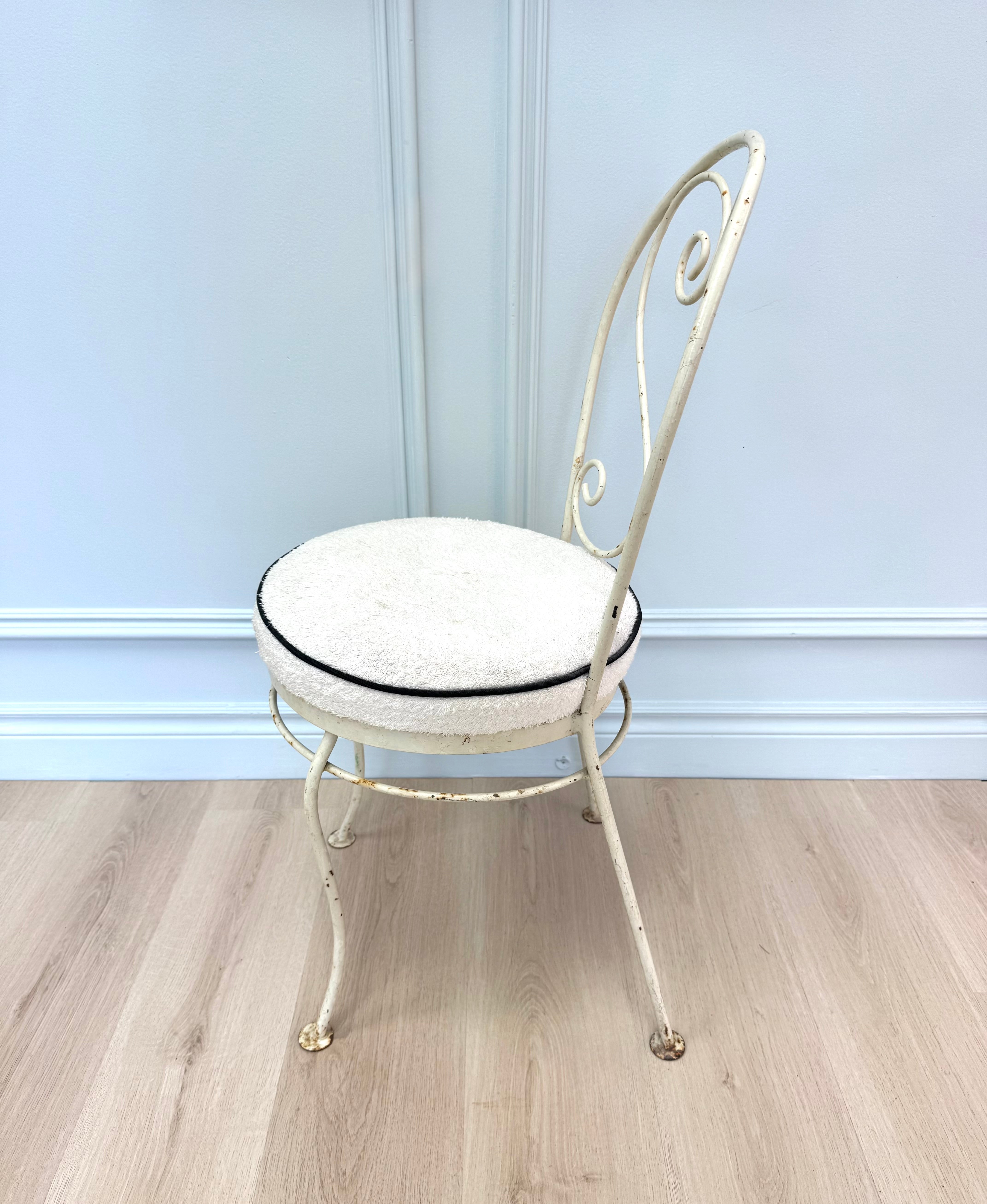 Vintage Distressed White Iron Chair with Terry Cushion