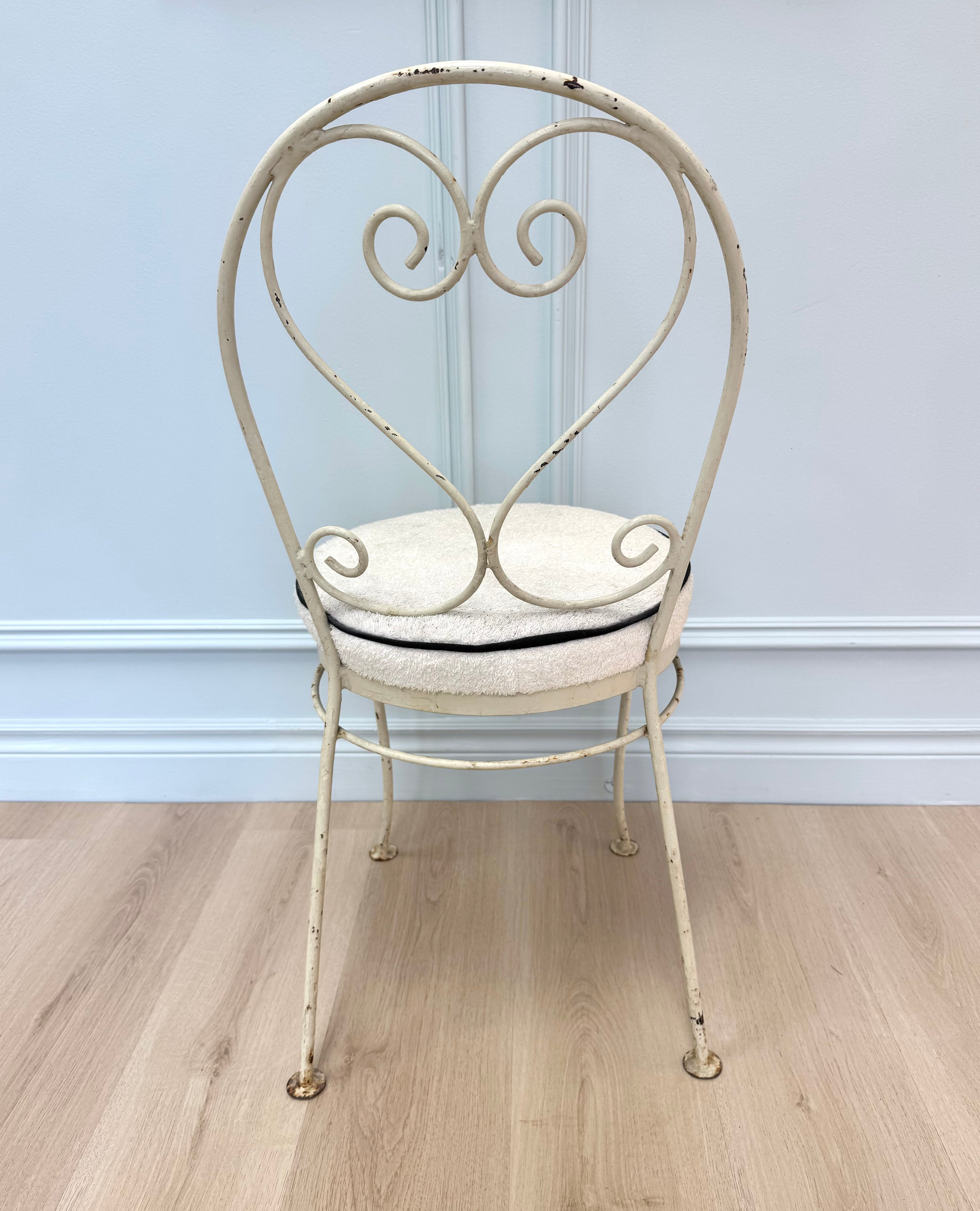 Vintage Distressed White Iron Chair with Terry Cushion
