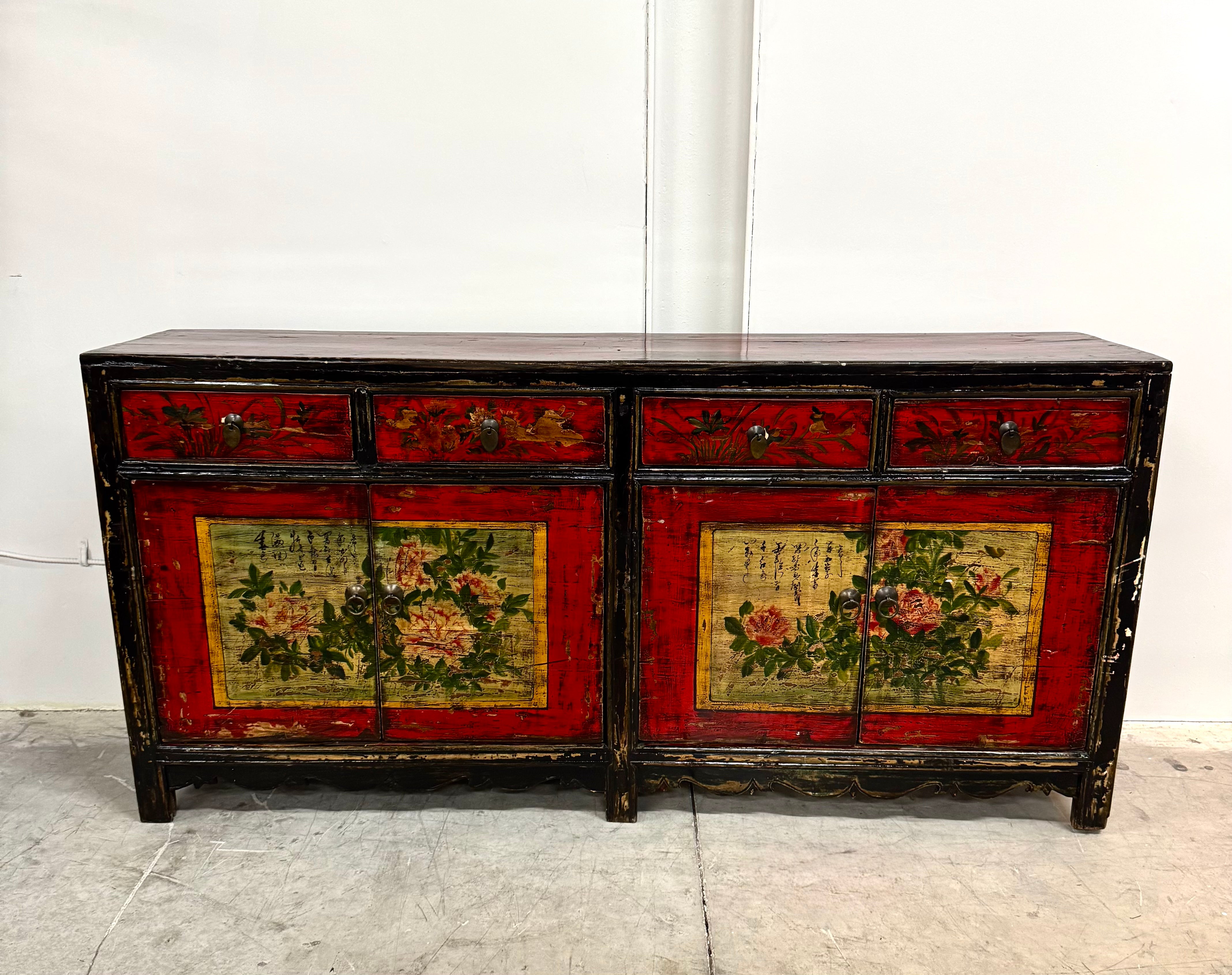 Rustic Asian Hand-painted Sideboard