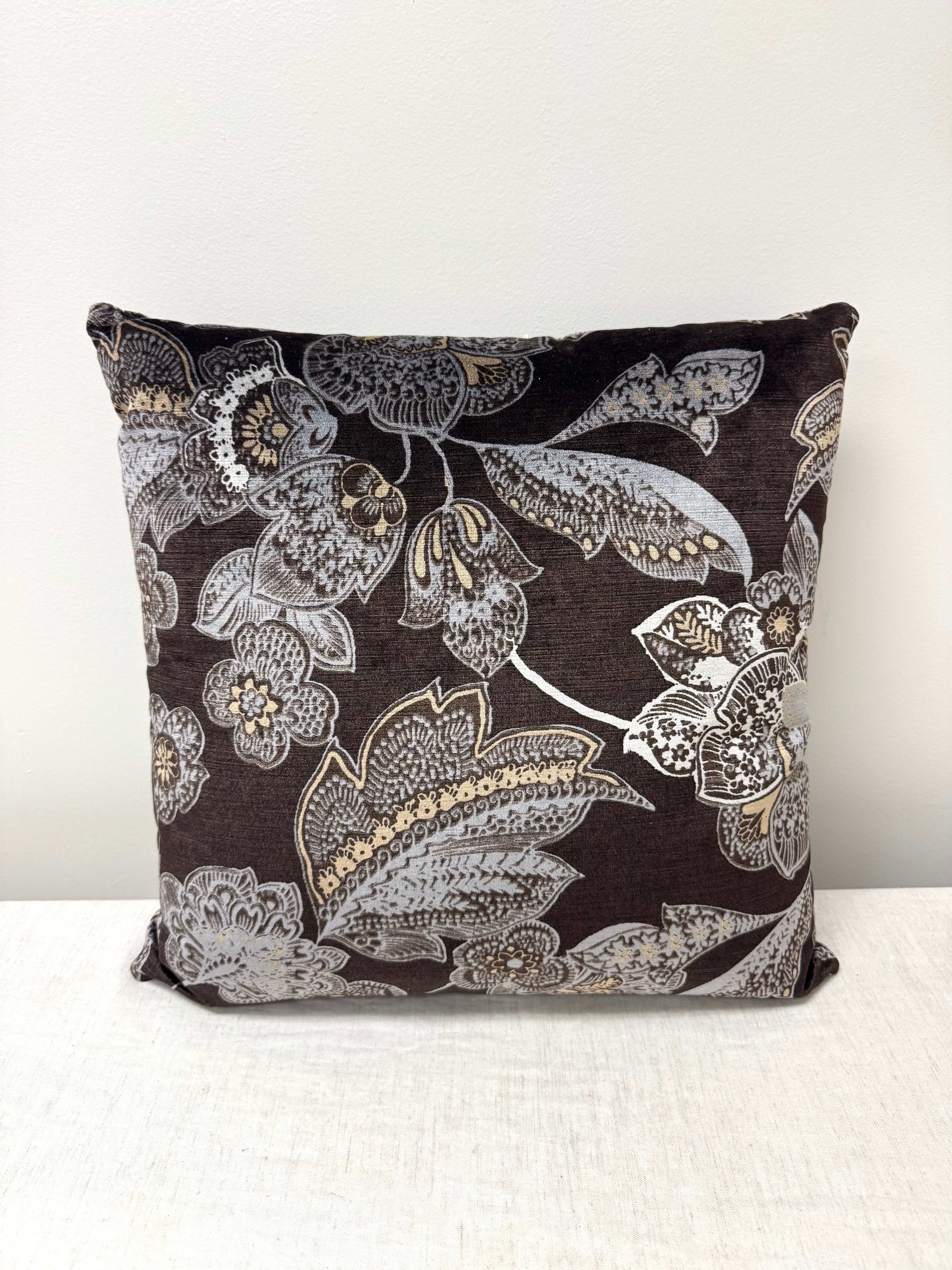 Chocolate Brown & Steel Blue Velvet Floral 19" Pillow