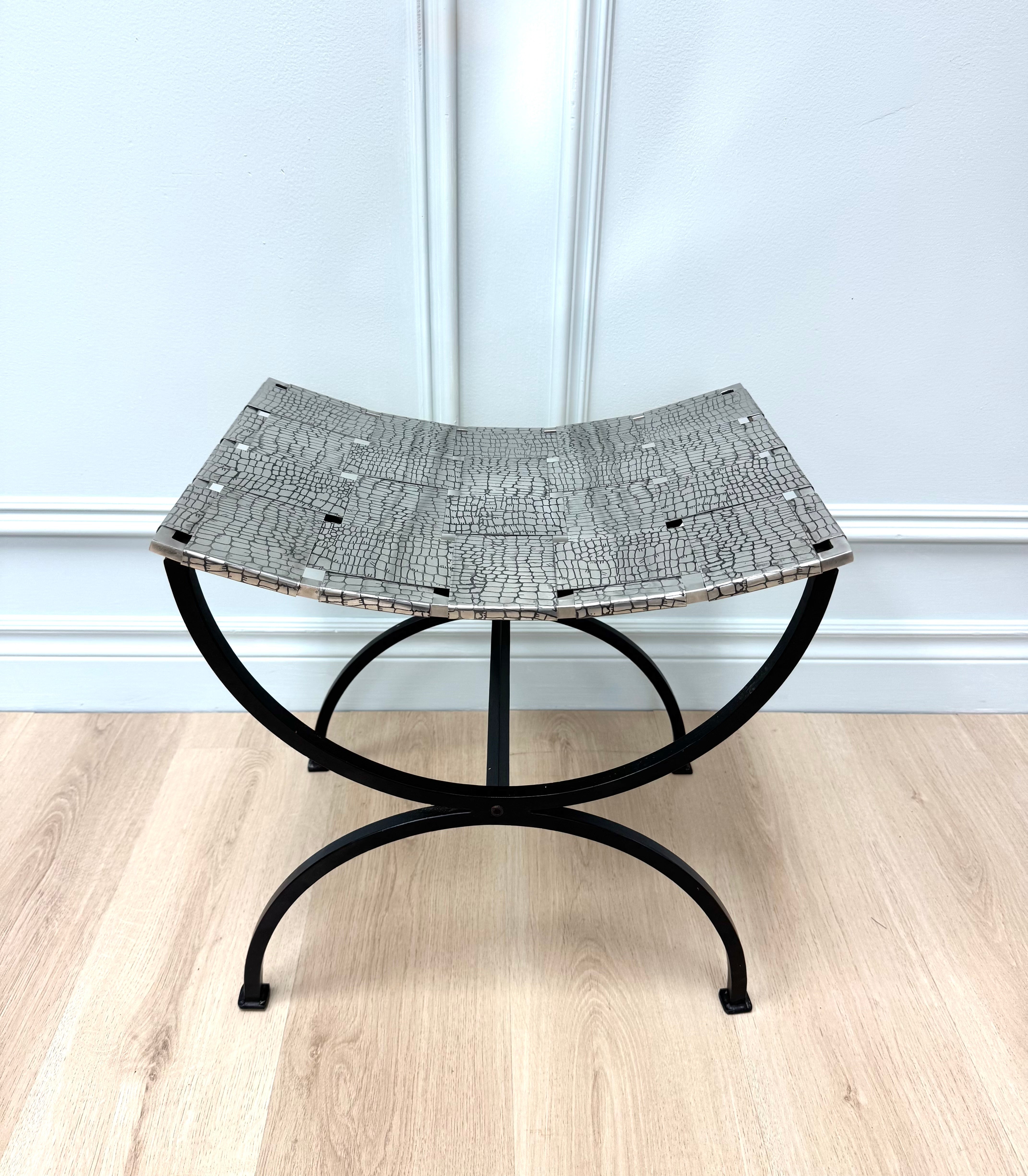 Black Iron Stool with Woven Metal Seat
