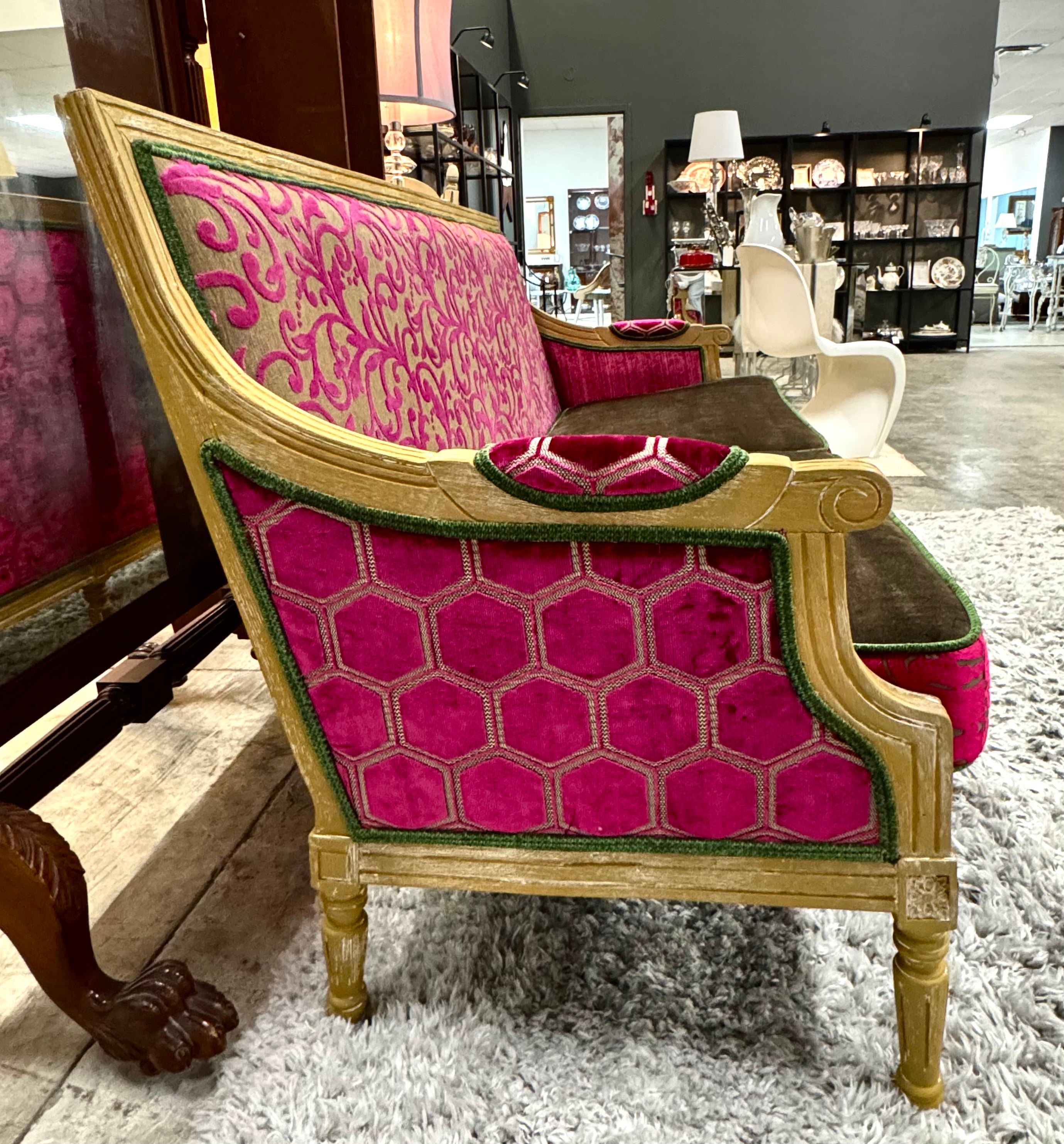 Louis XVI Fuchsia & Brown Velvet Settee