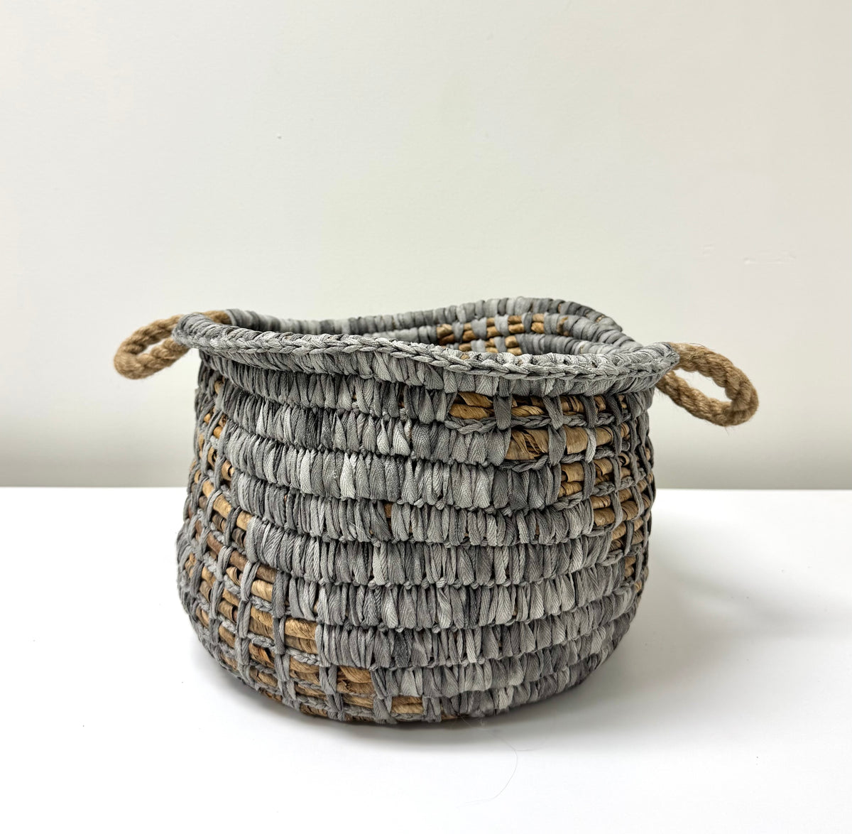 Woven Seagrass & Gray Cotton Basket