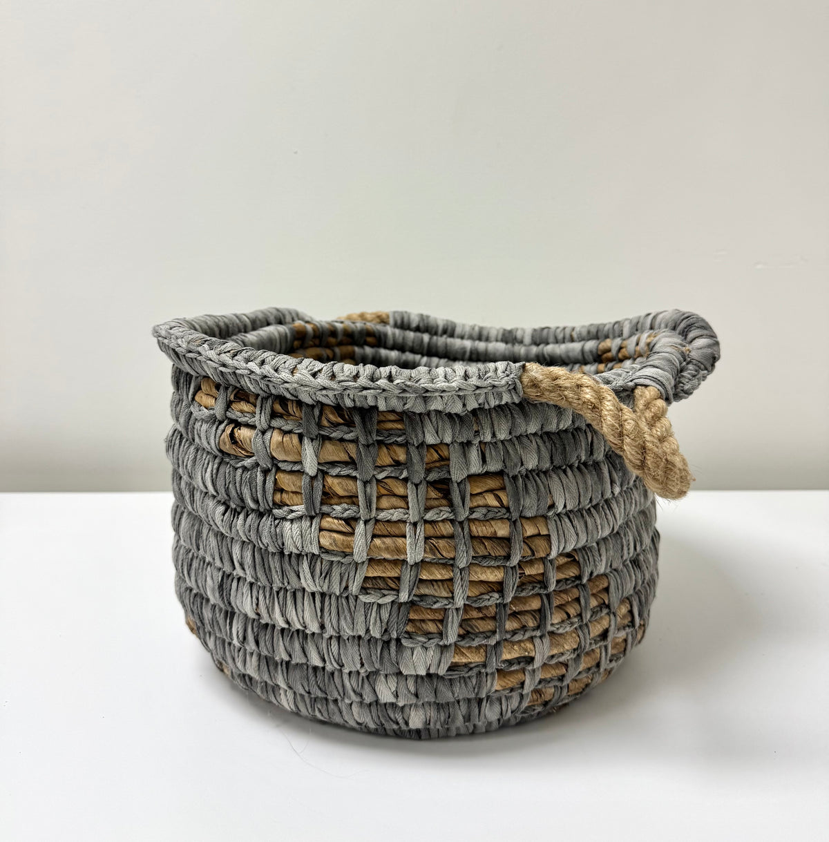 Woven Seagrass & Gray Cotton Basket