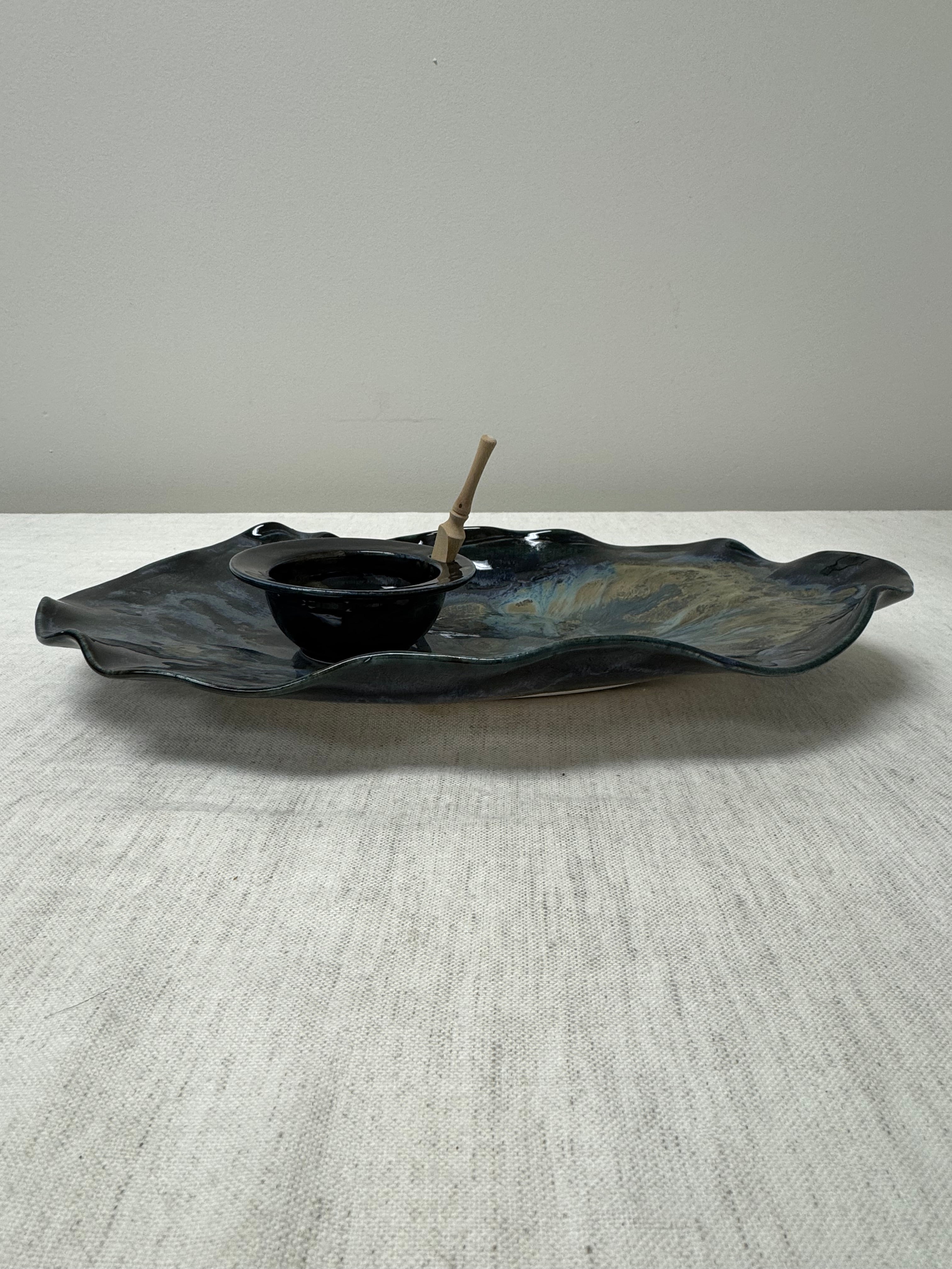 Hand-made Glazed Clay Platter & Dipping Bowl