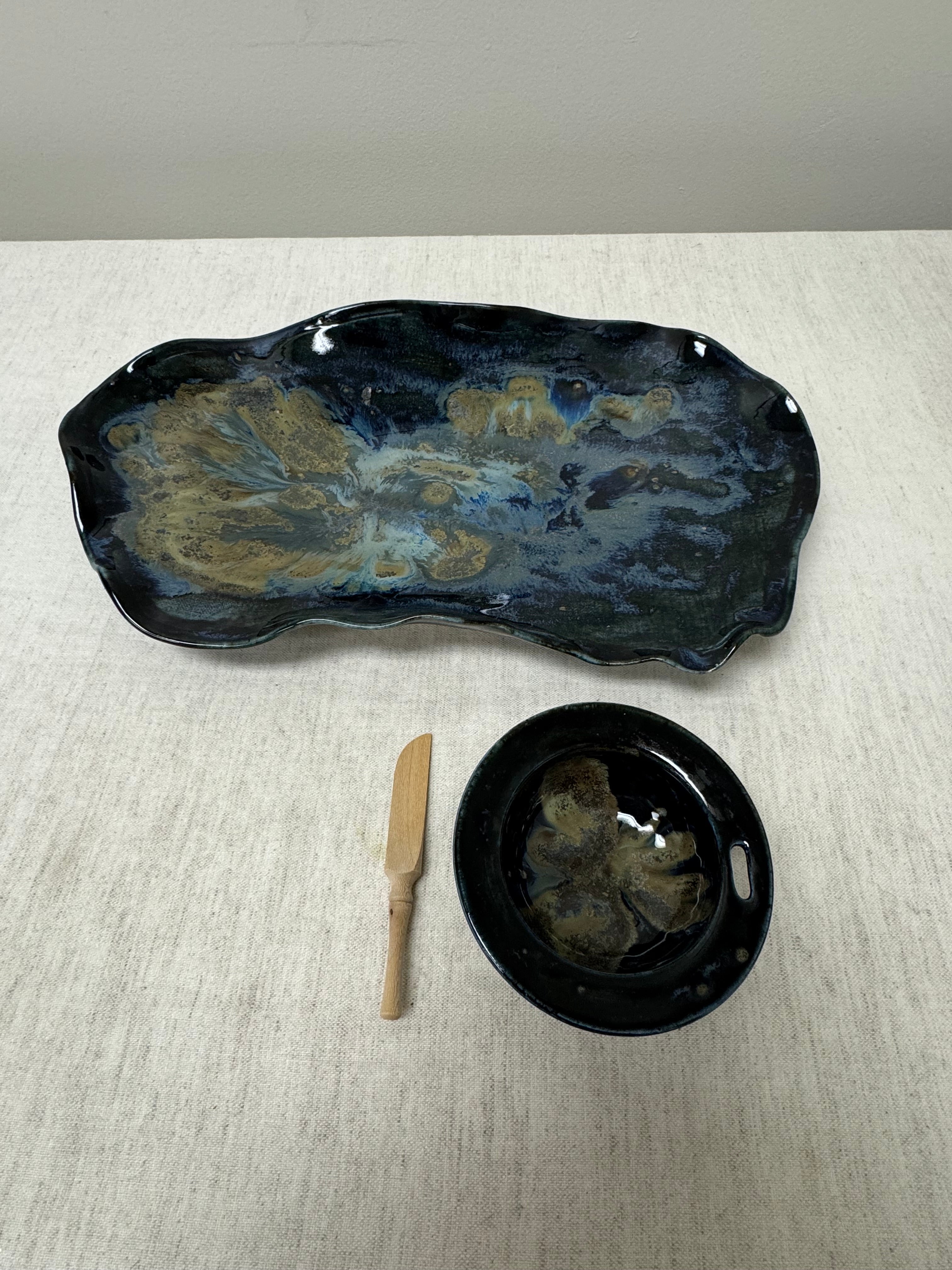 Hand-made Glazed Clay Platter & Dipping Bowl