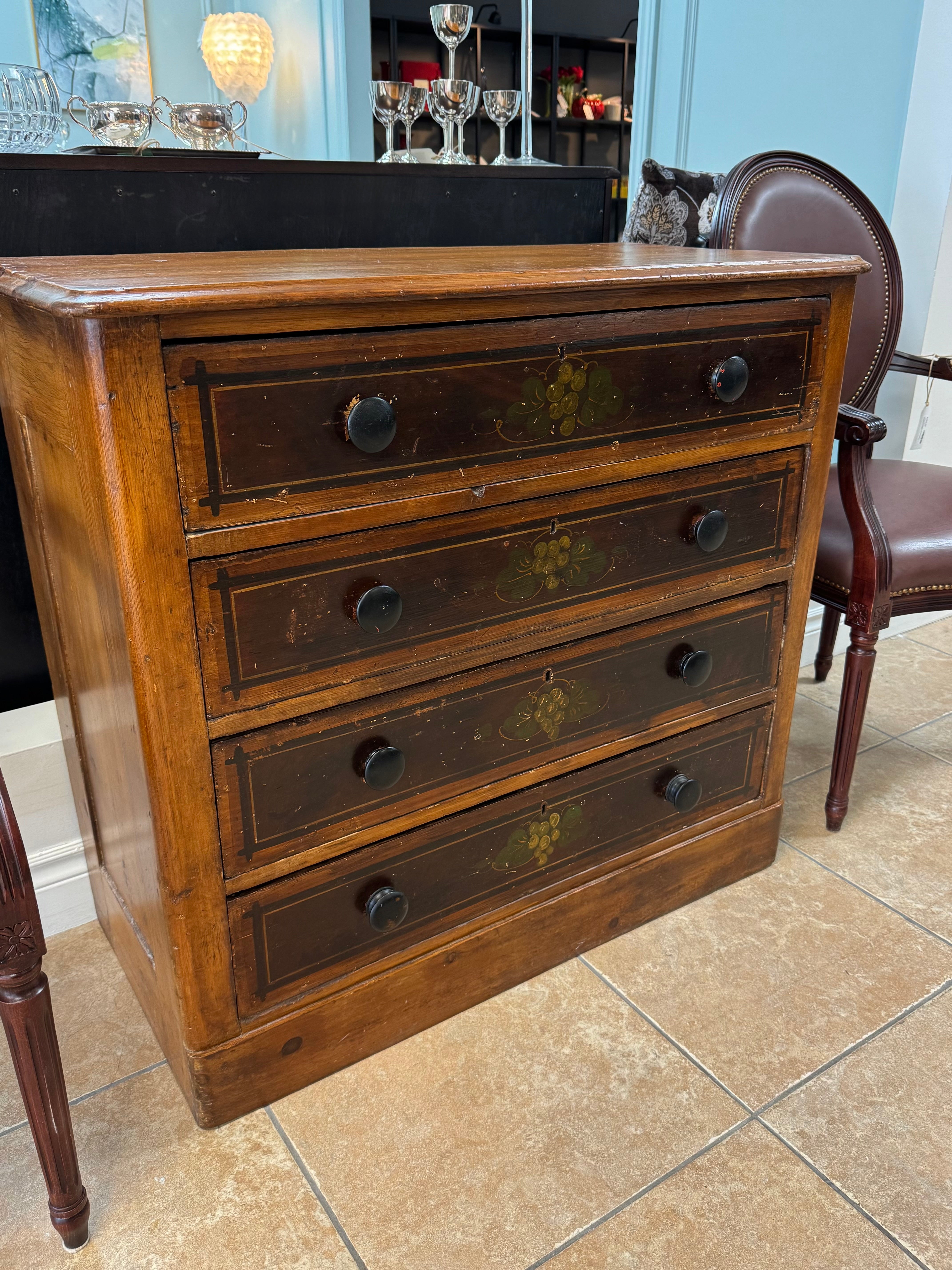 Antique Pine Chest with Hand-painted Grape Motif