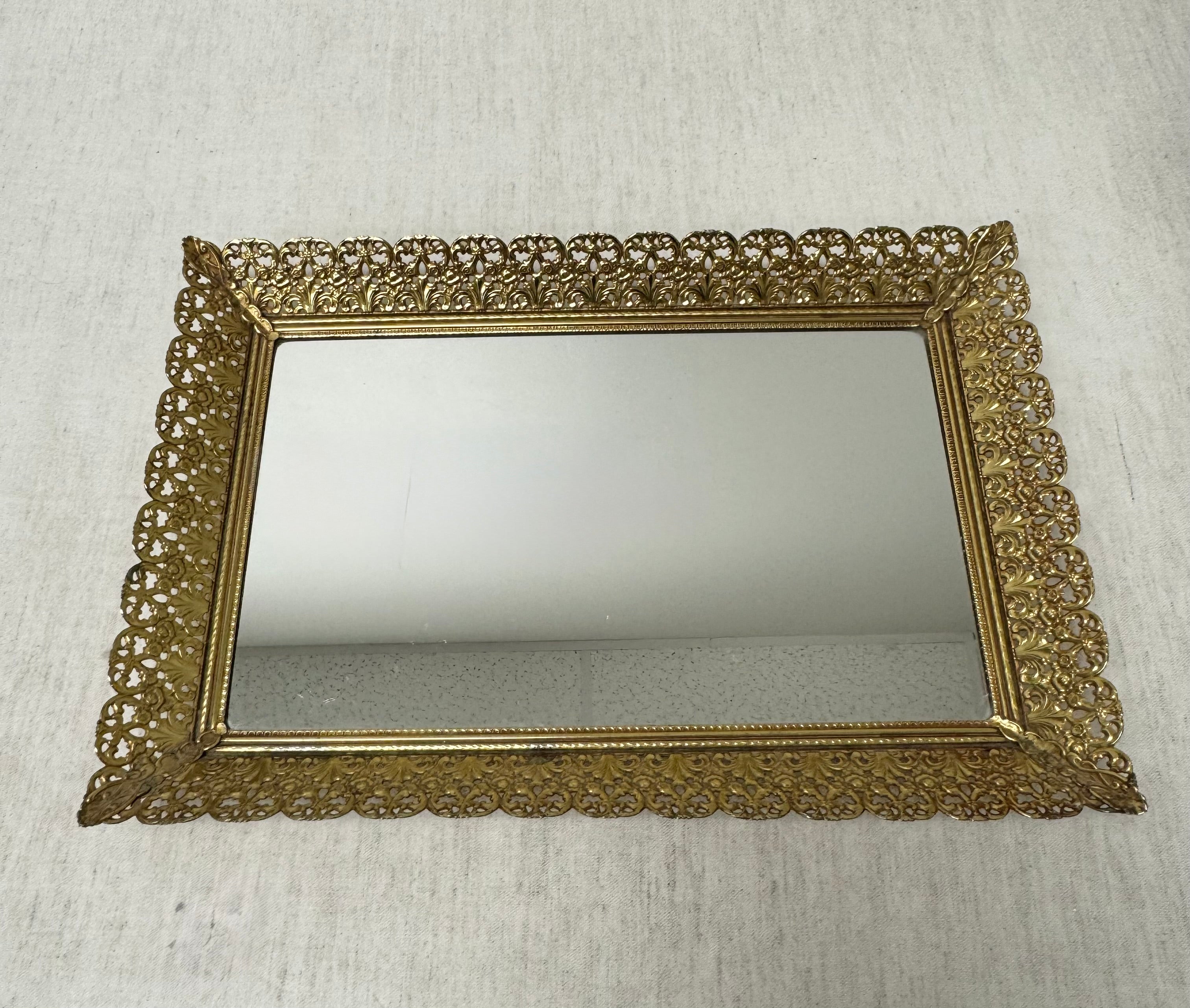 Vintage Brass Filigree Mirrored Tray