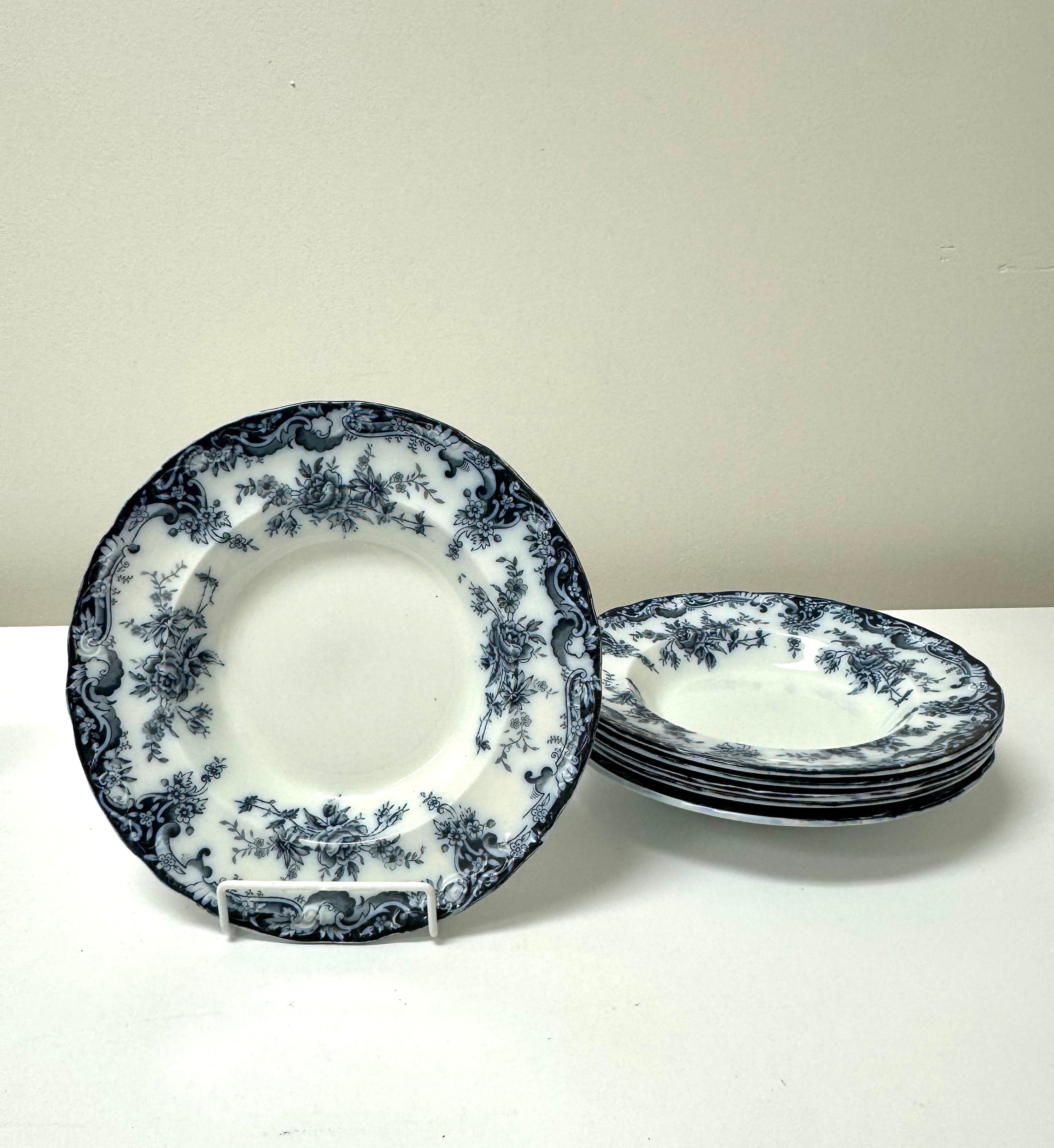 Antique BAKER & CO 'Flora' Flow Blue Rim Soups Set of 6