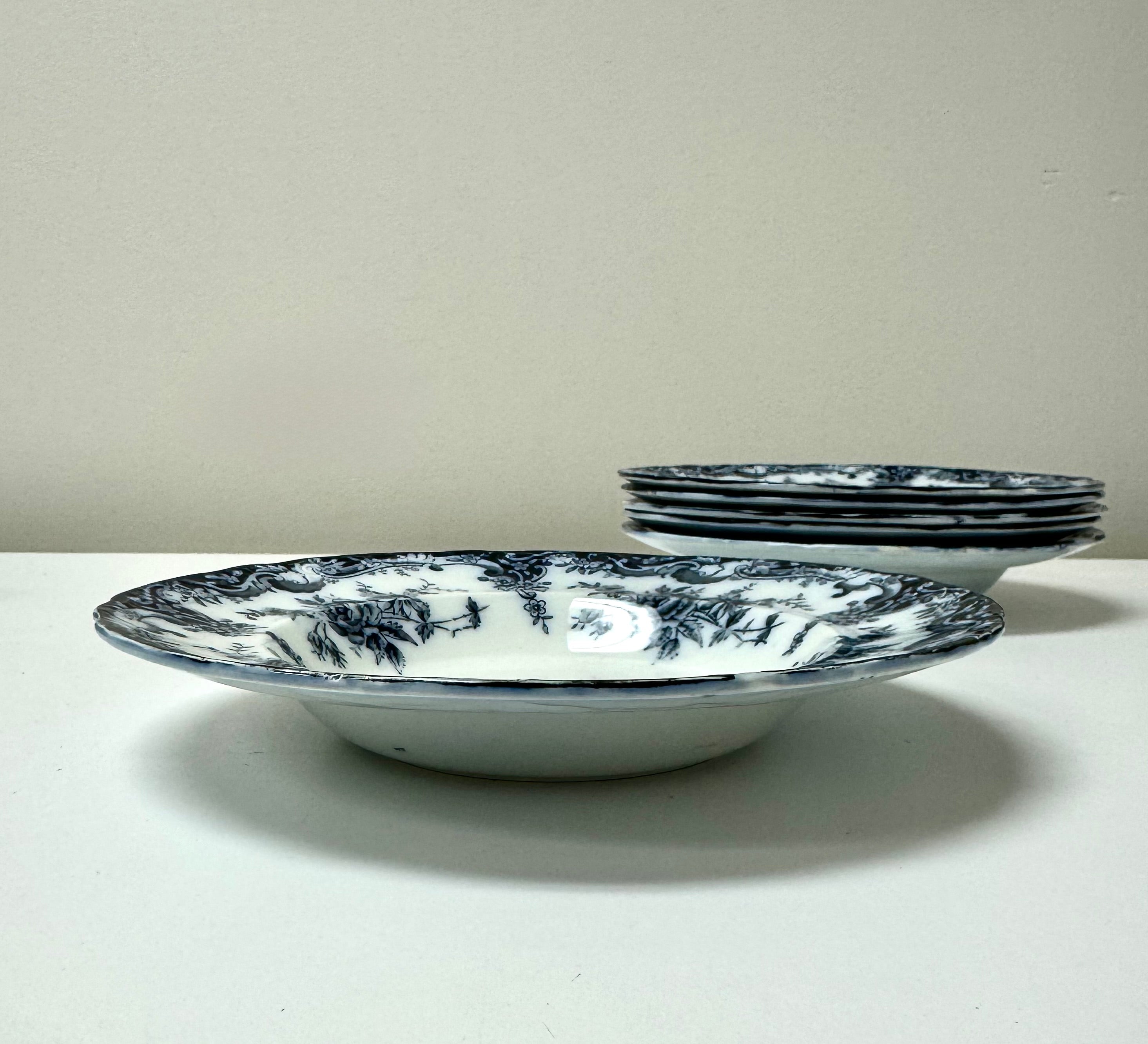 Antique BAKER & CO 'Flora' Flow Blue Rim Soups Set of 6
