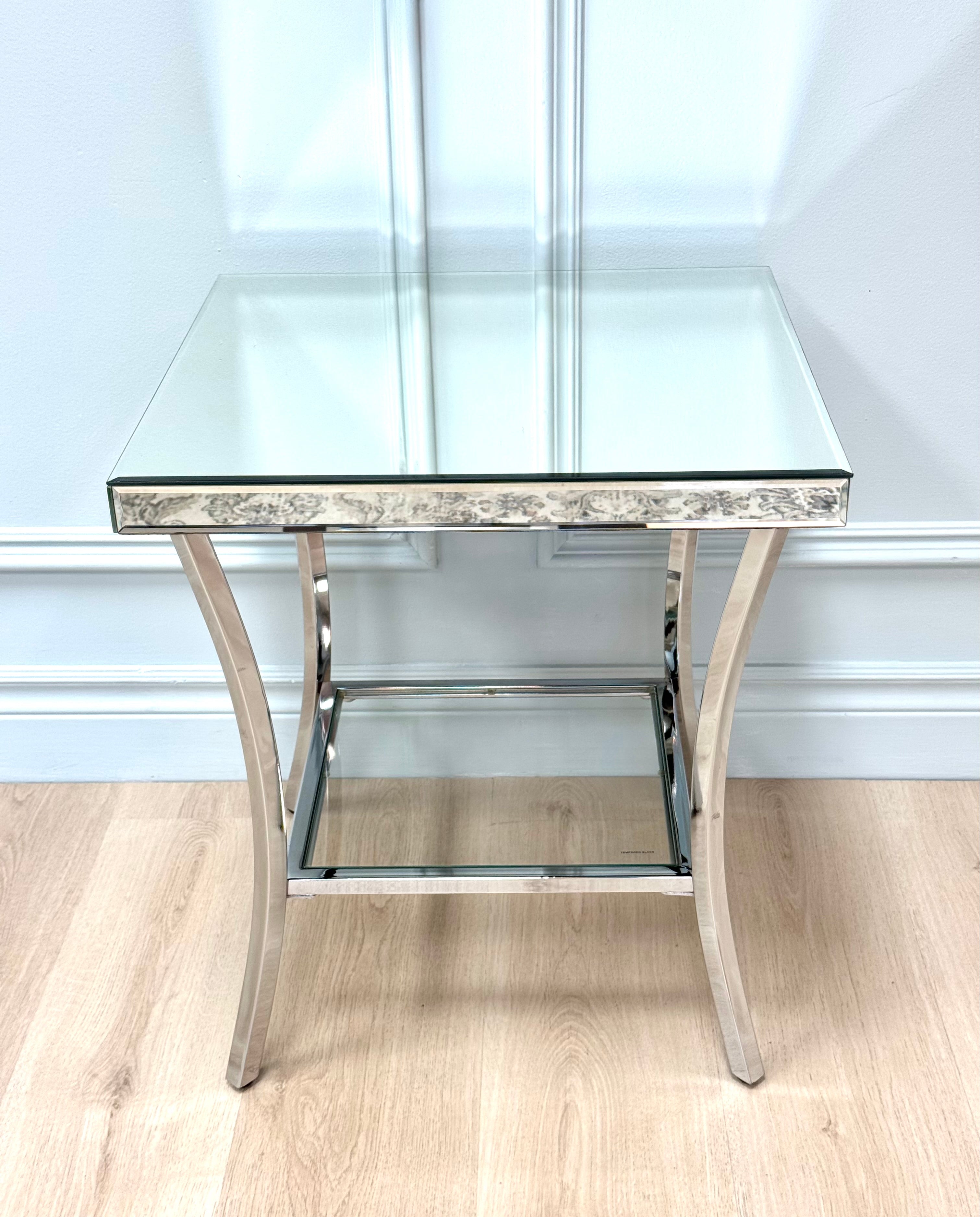 Chrome Side Table with Beveled Mirror Top
