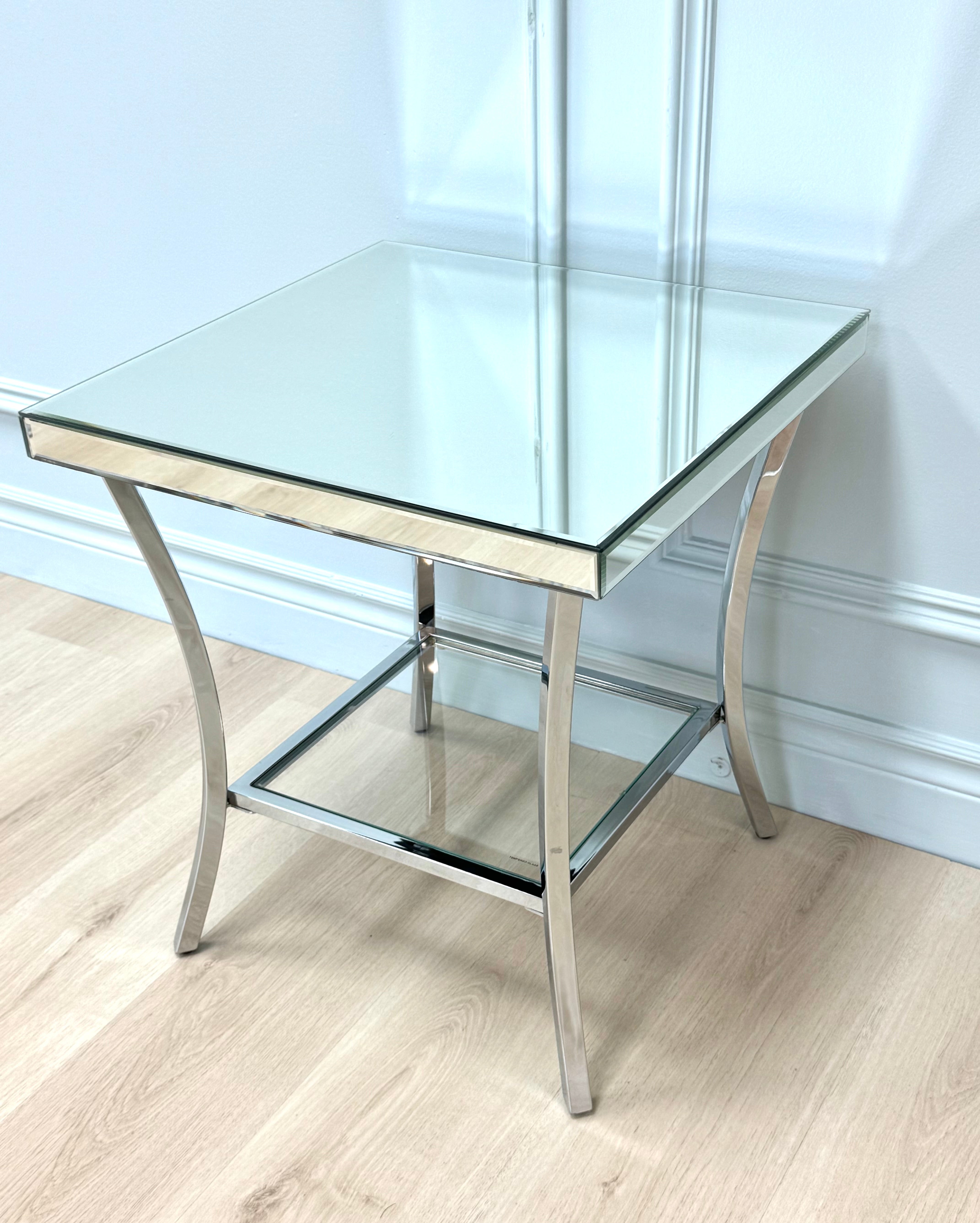 Chrome Side Table with Beveled Mirror Top