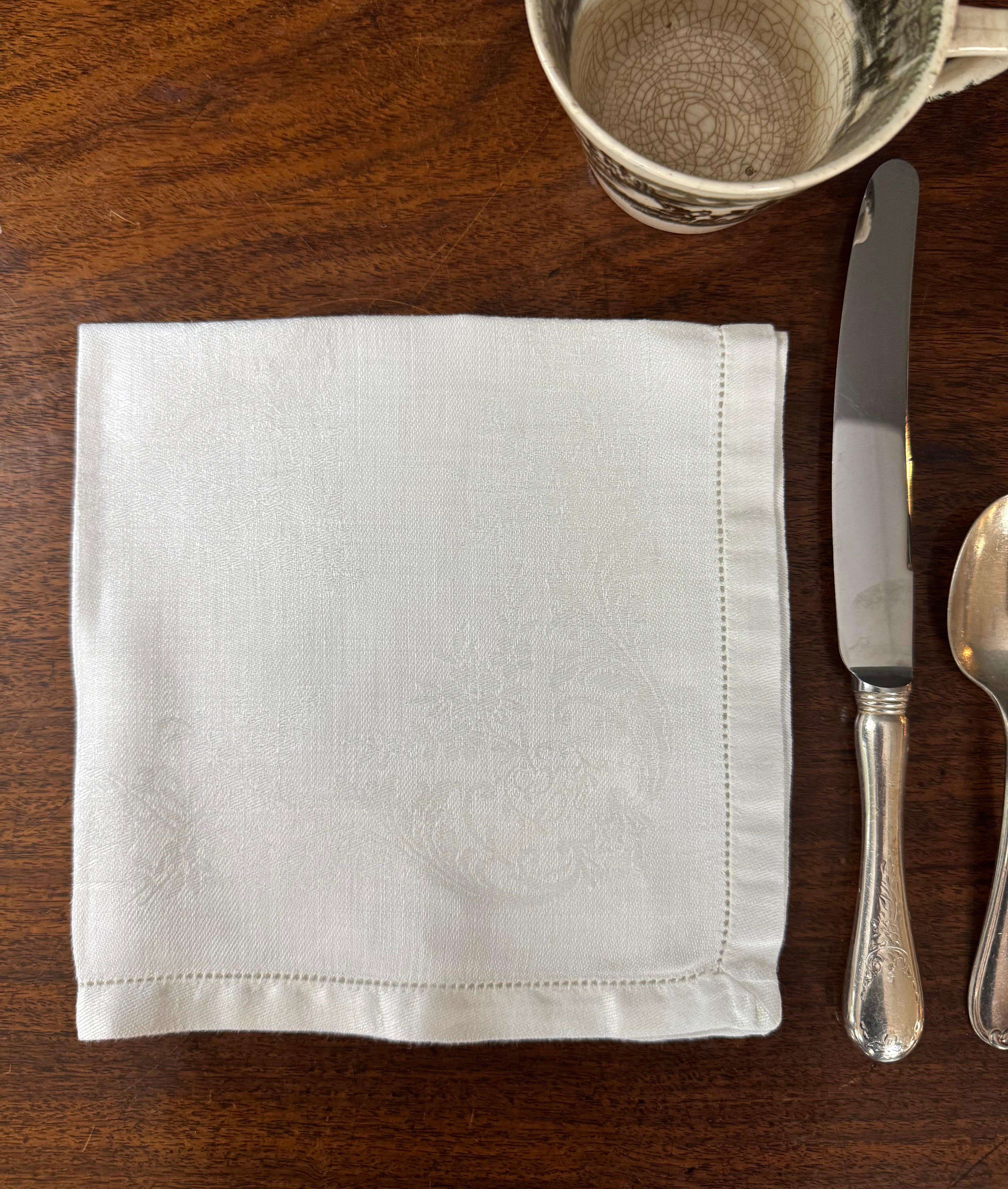 Vintage White Damask Linen Napkins Set of 9