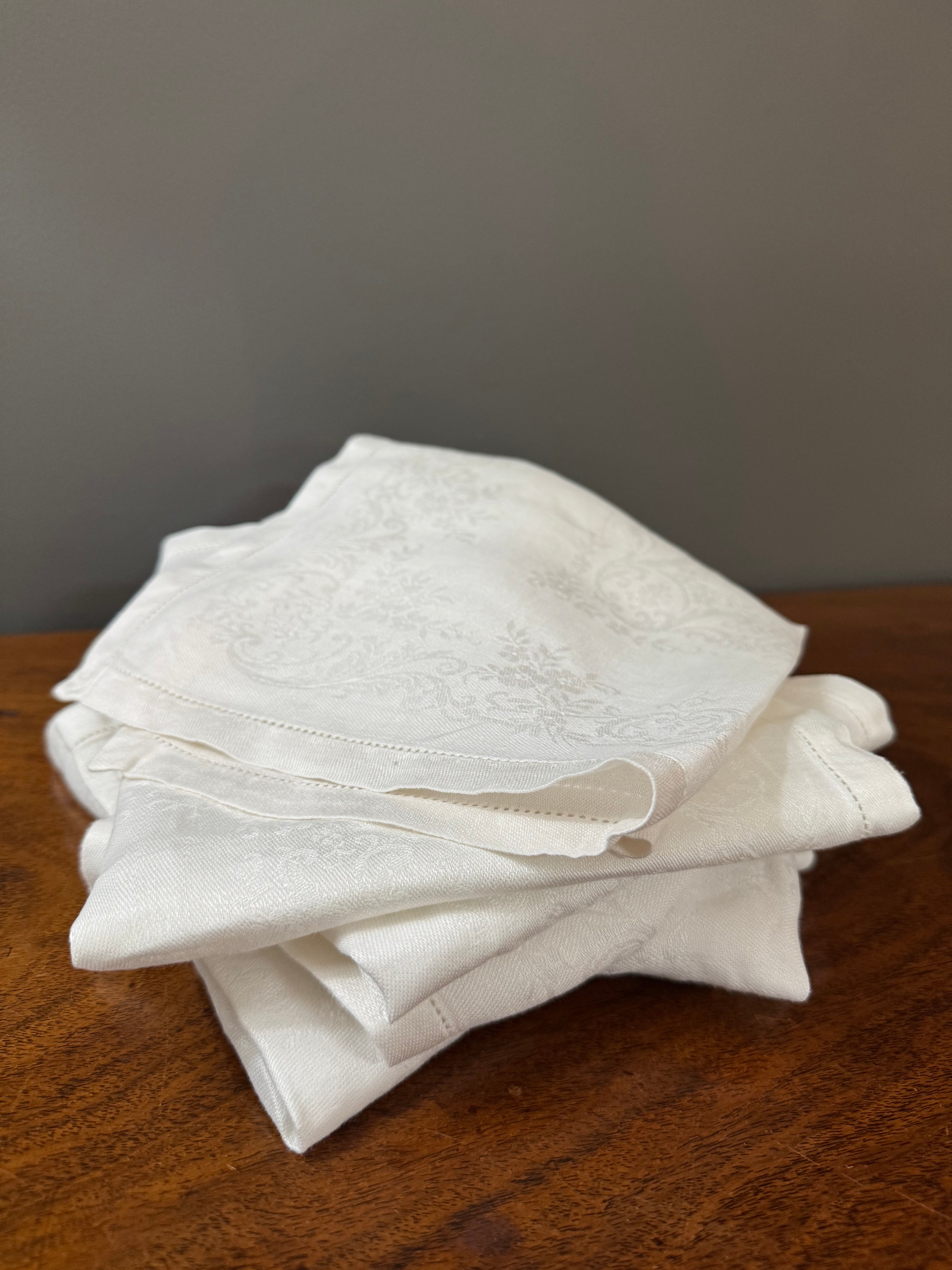Vintage White Damask Linen Napkins Set of 9
