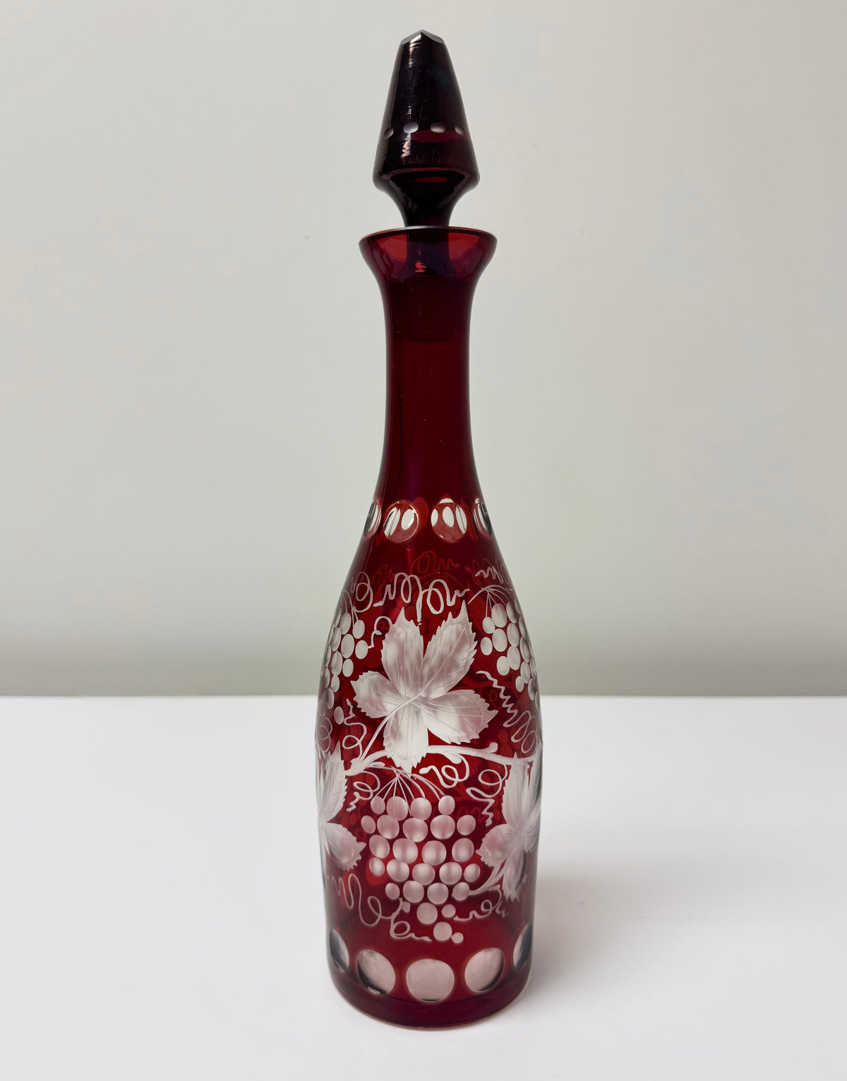 Bohemian Ruby Red Cut-to-clear Glass Decanter with Stopper