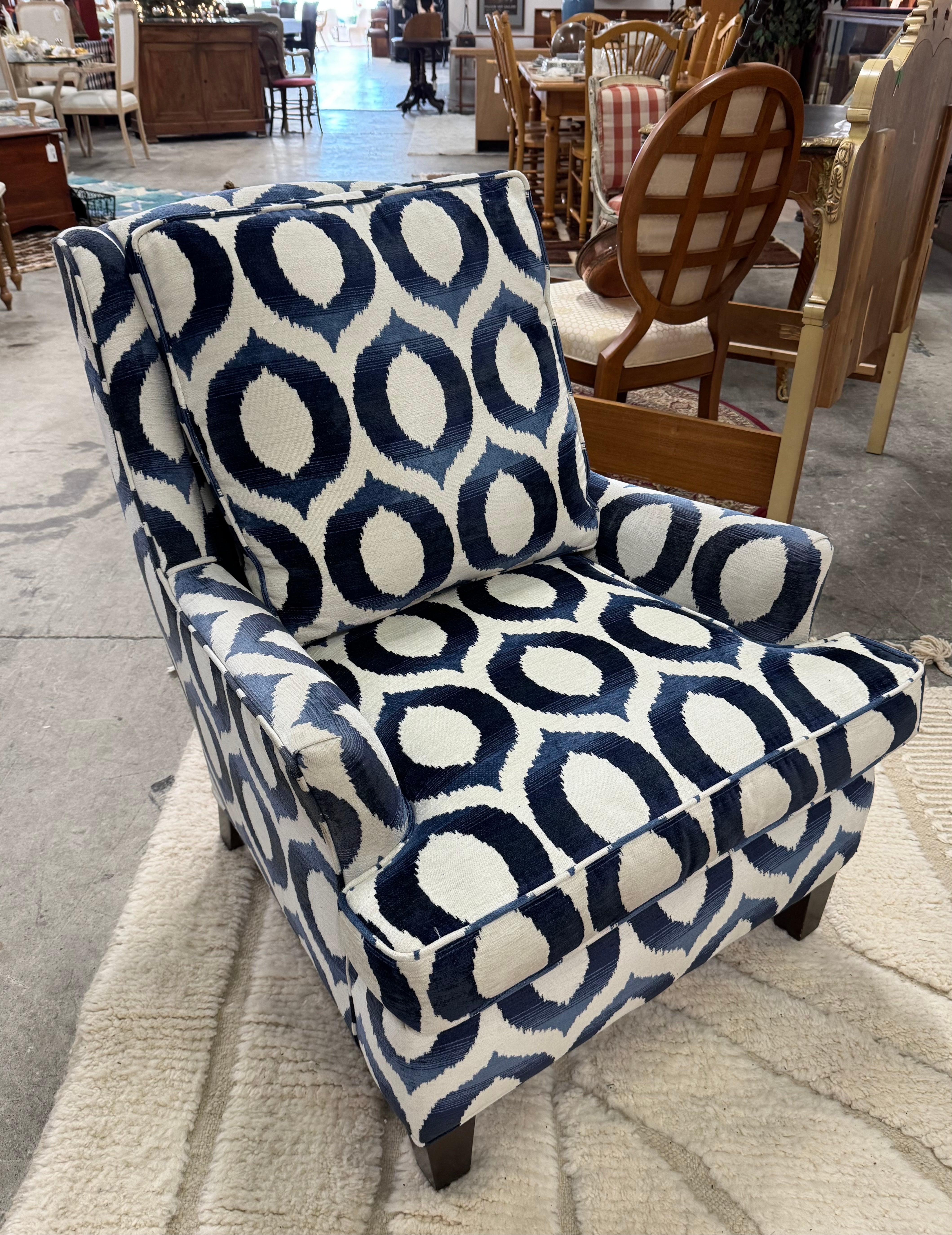 Custom Indigo & White Ikat Armchair (31"W x 27"D x 36"H)