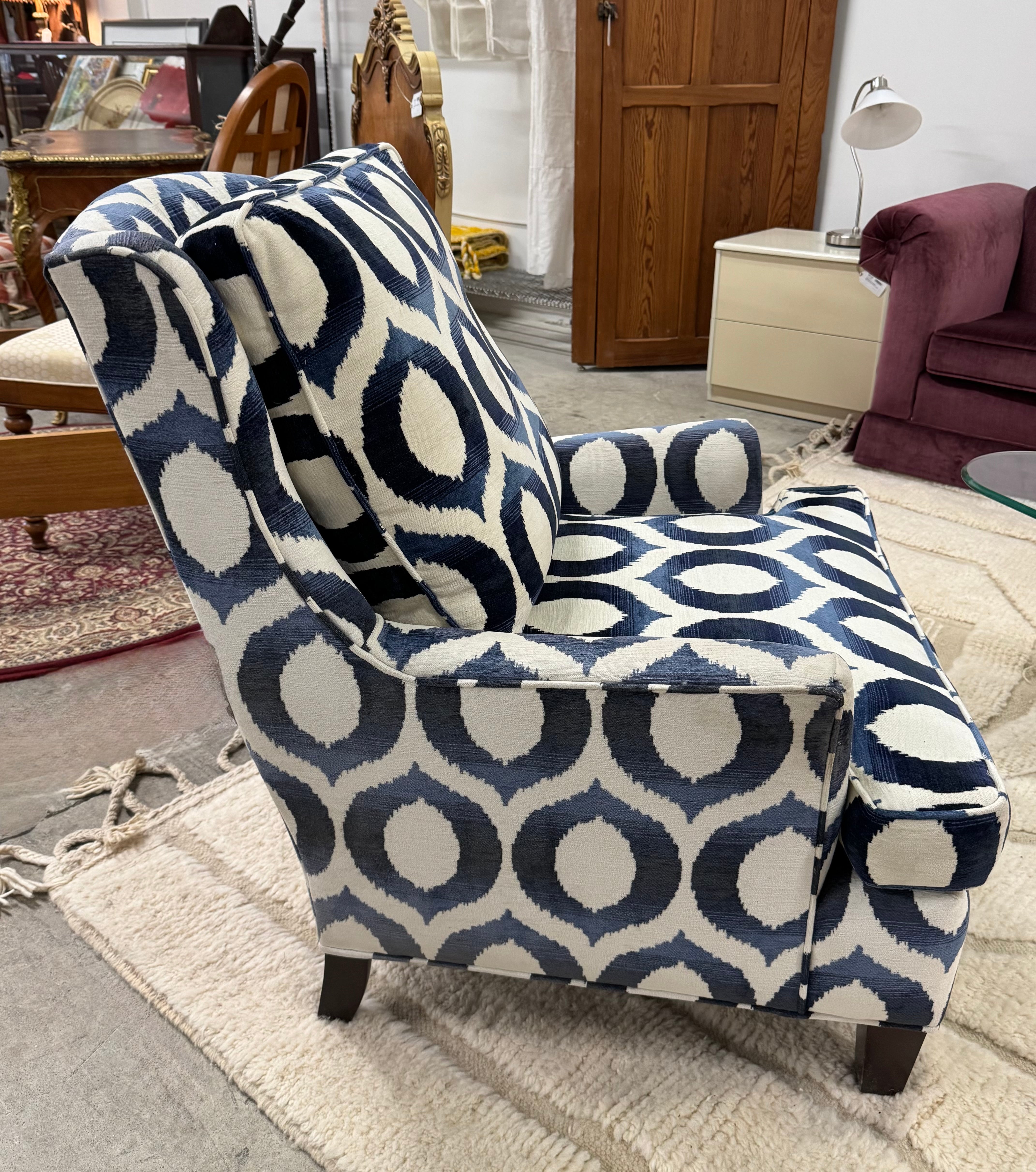 Custom Indigo & White Ikat Armchair (31"W x 27"D x 36"H)