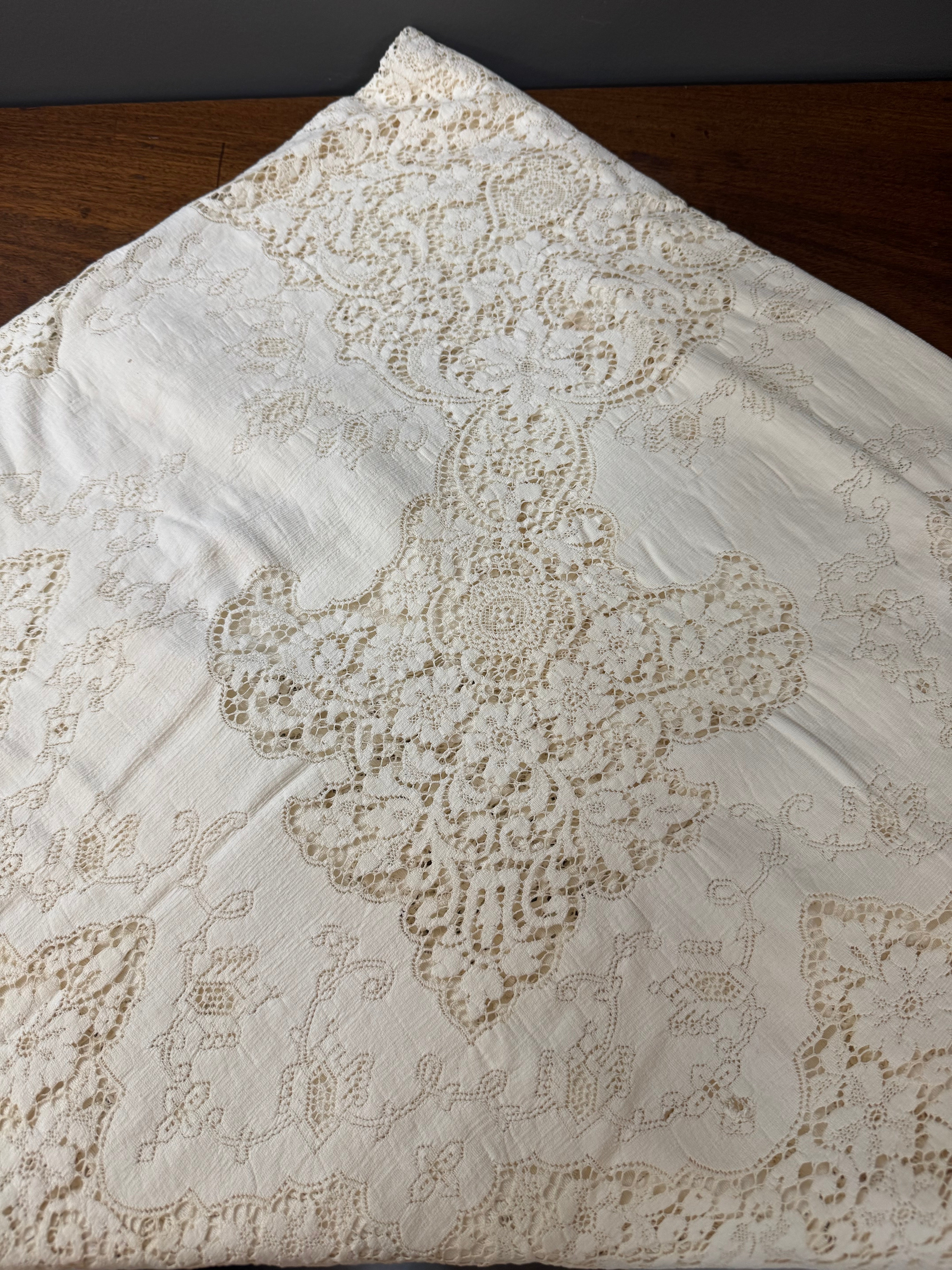 Antique Ecru Crochet 60" x 74" Tablecloth