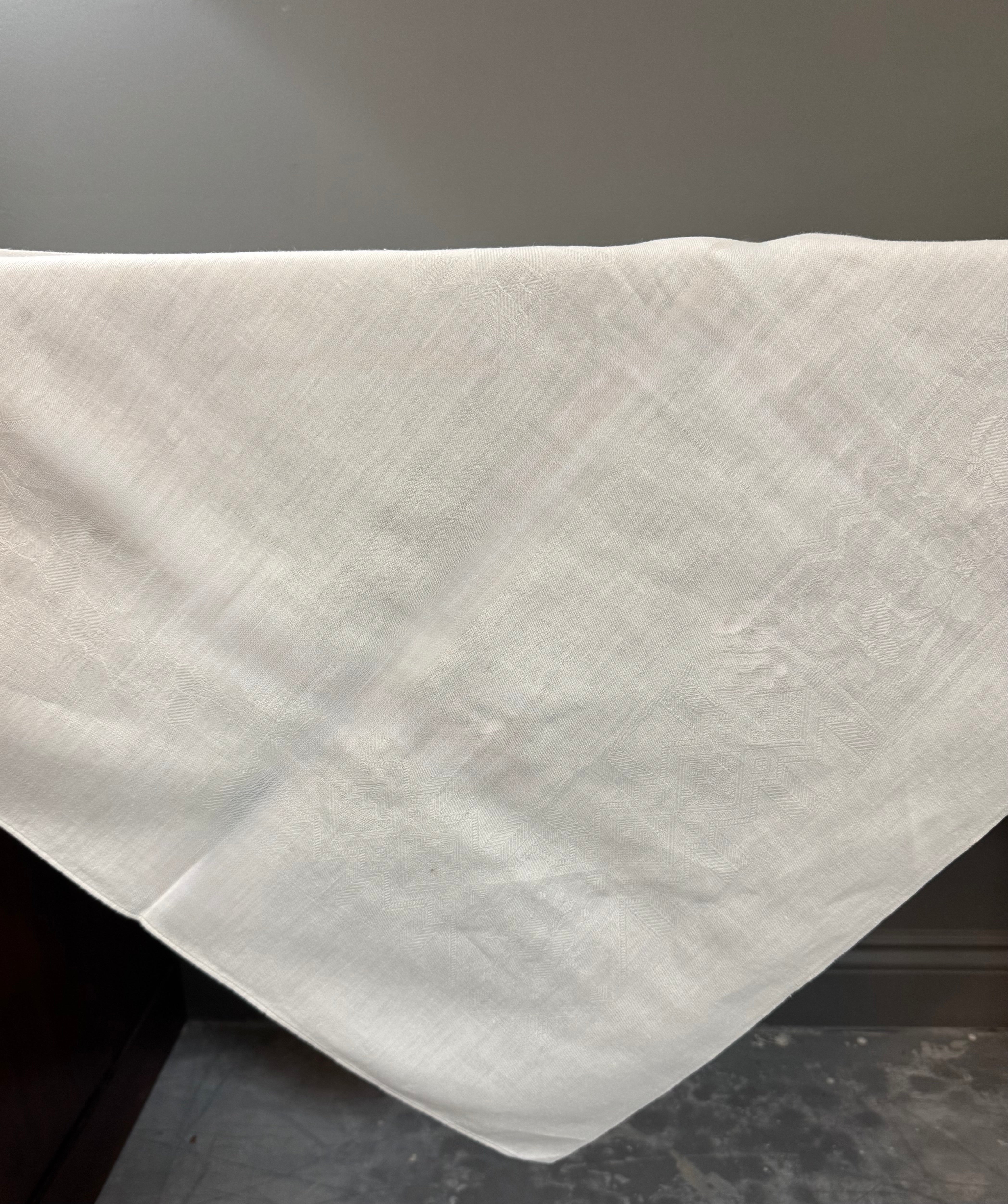 Vintage White Damask Linen 50" x 40" Tablecloth