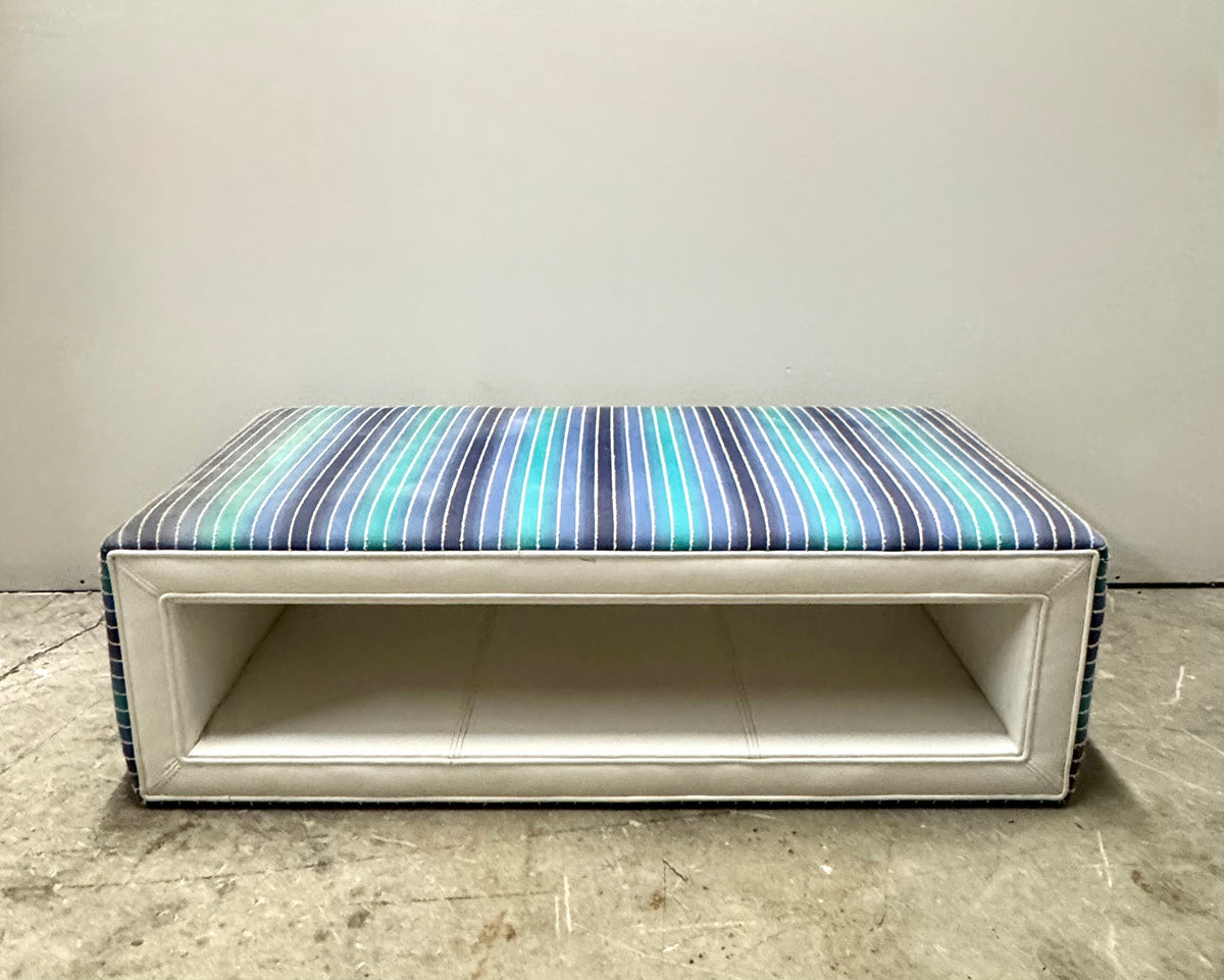 Blue Stripe & White Leather Bench