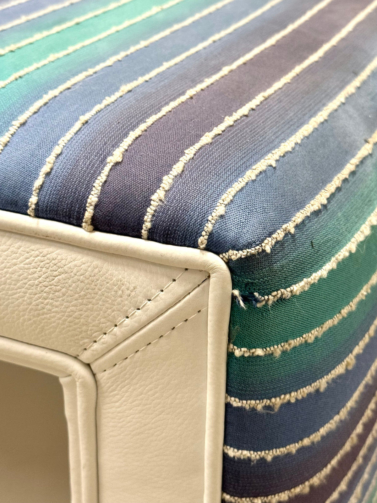 Blue Stripe & White Leather Bench