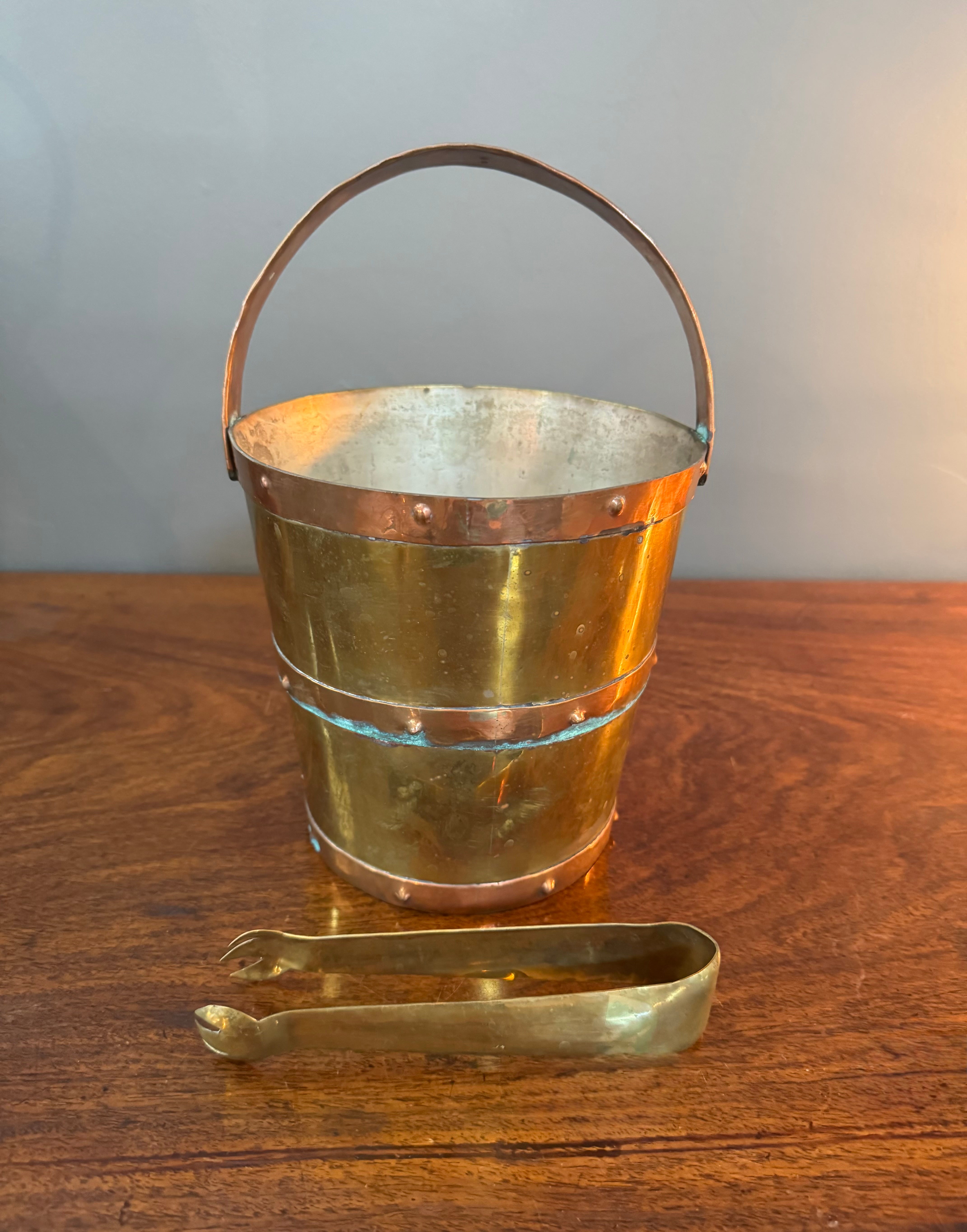 Vintage Copper & Brass Bucket with Tongs