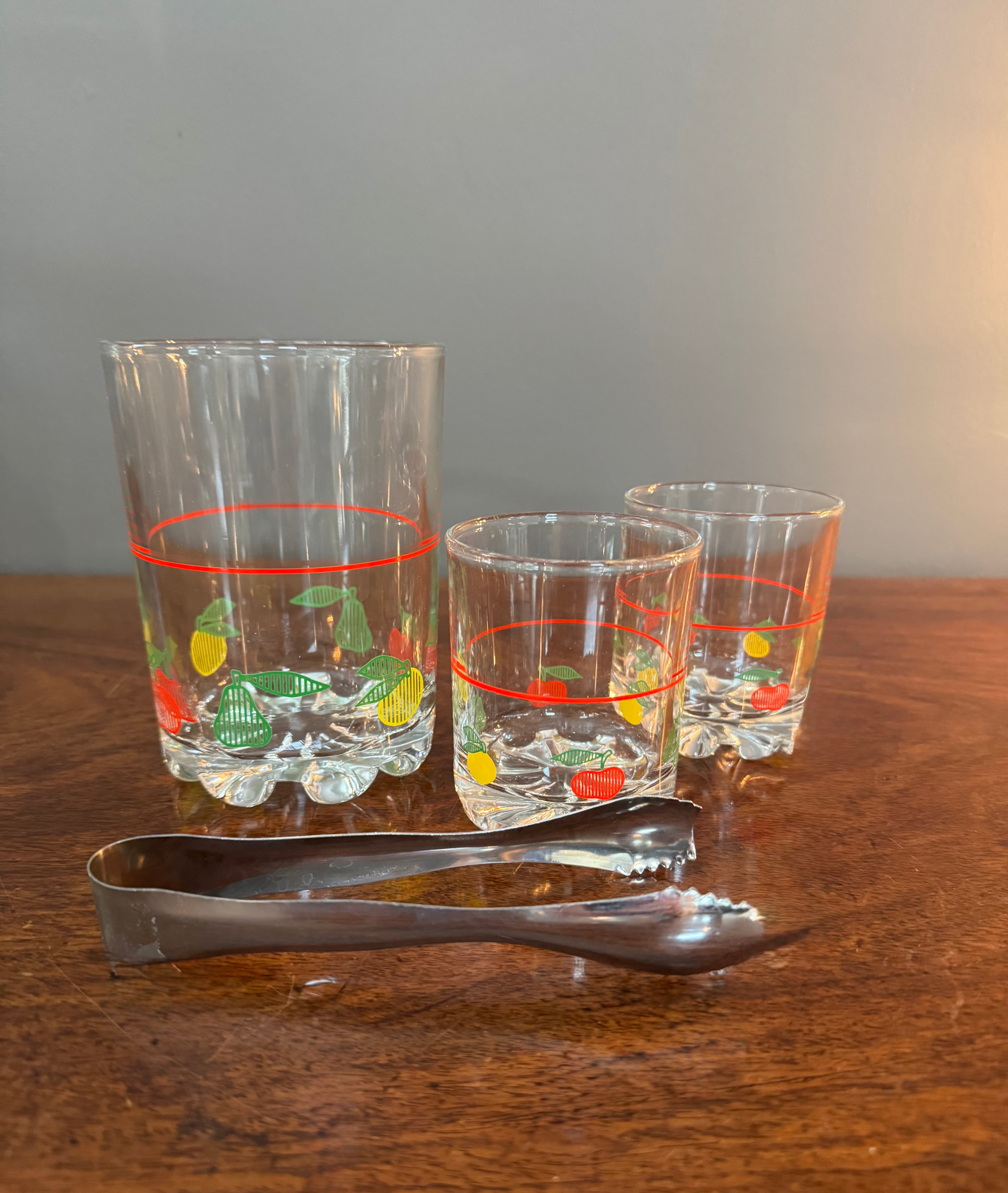 Vintage MCM Small Ice Bucket Set with Tongs & Two Glasses