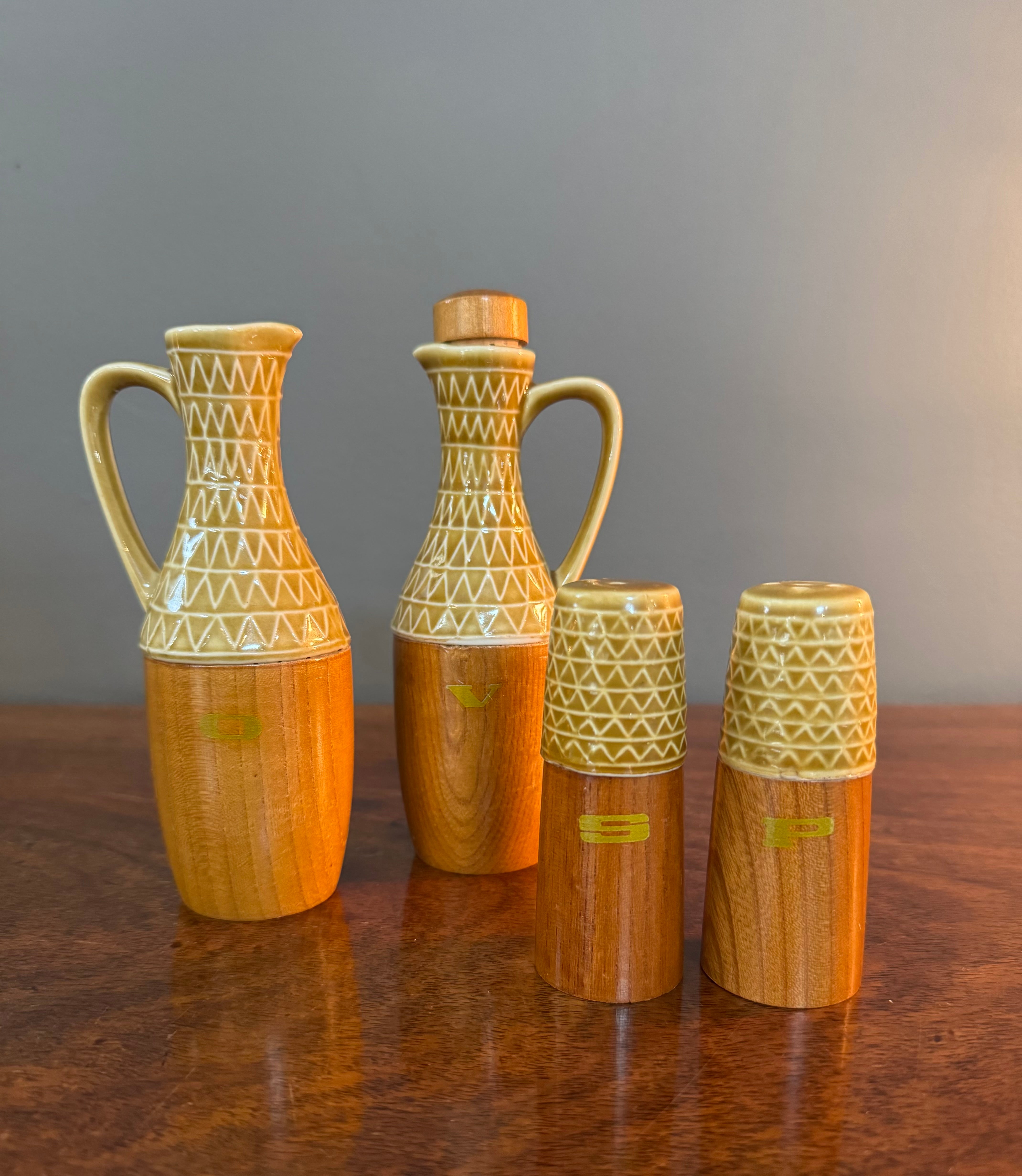 Vintage MCM Ceramic & Wood Cruet Set