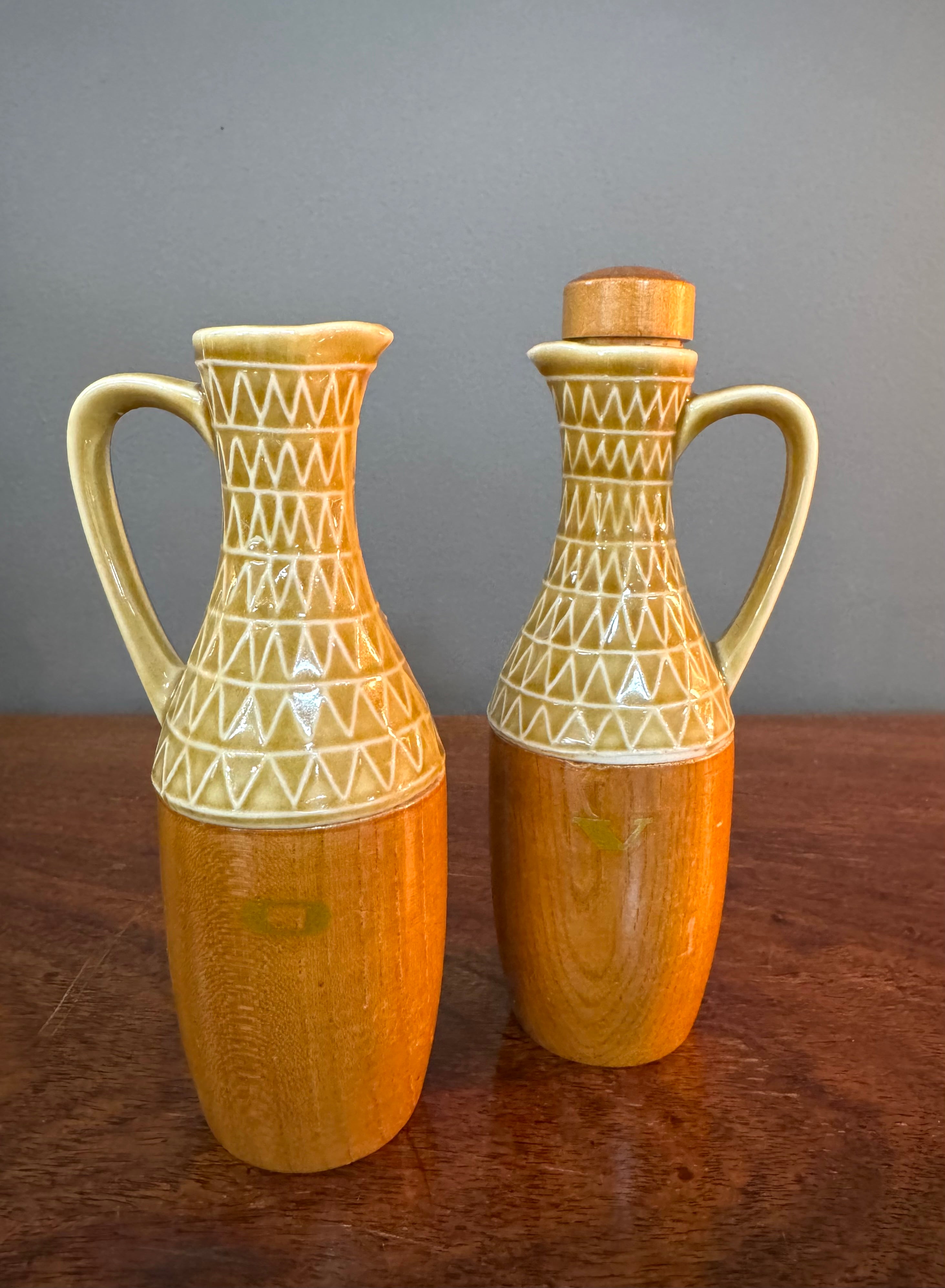 Vintage MCM Ceramic & Wood Cruet Set