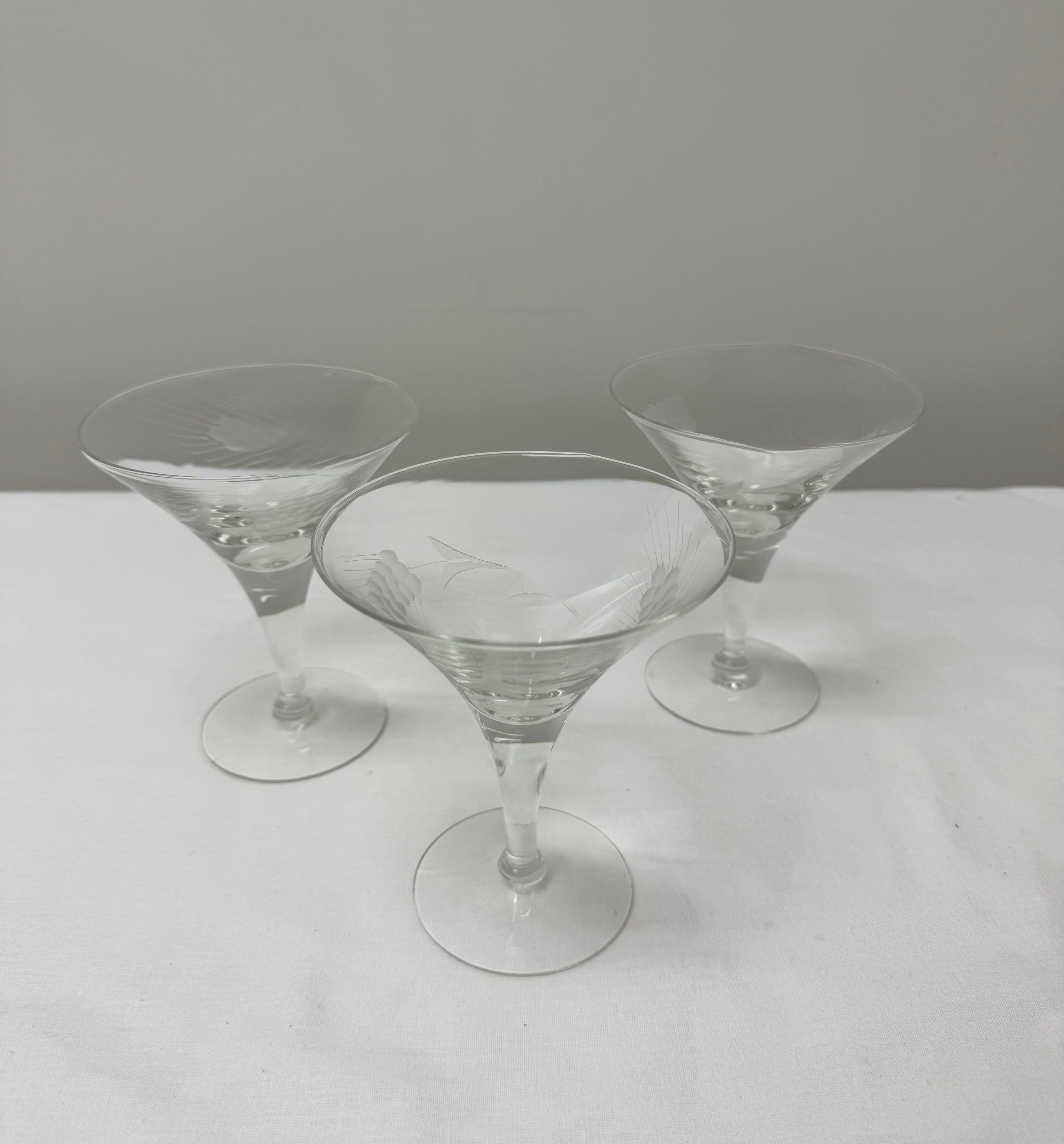 Vintage Etched Glass Martini Glasses Set of 3