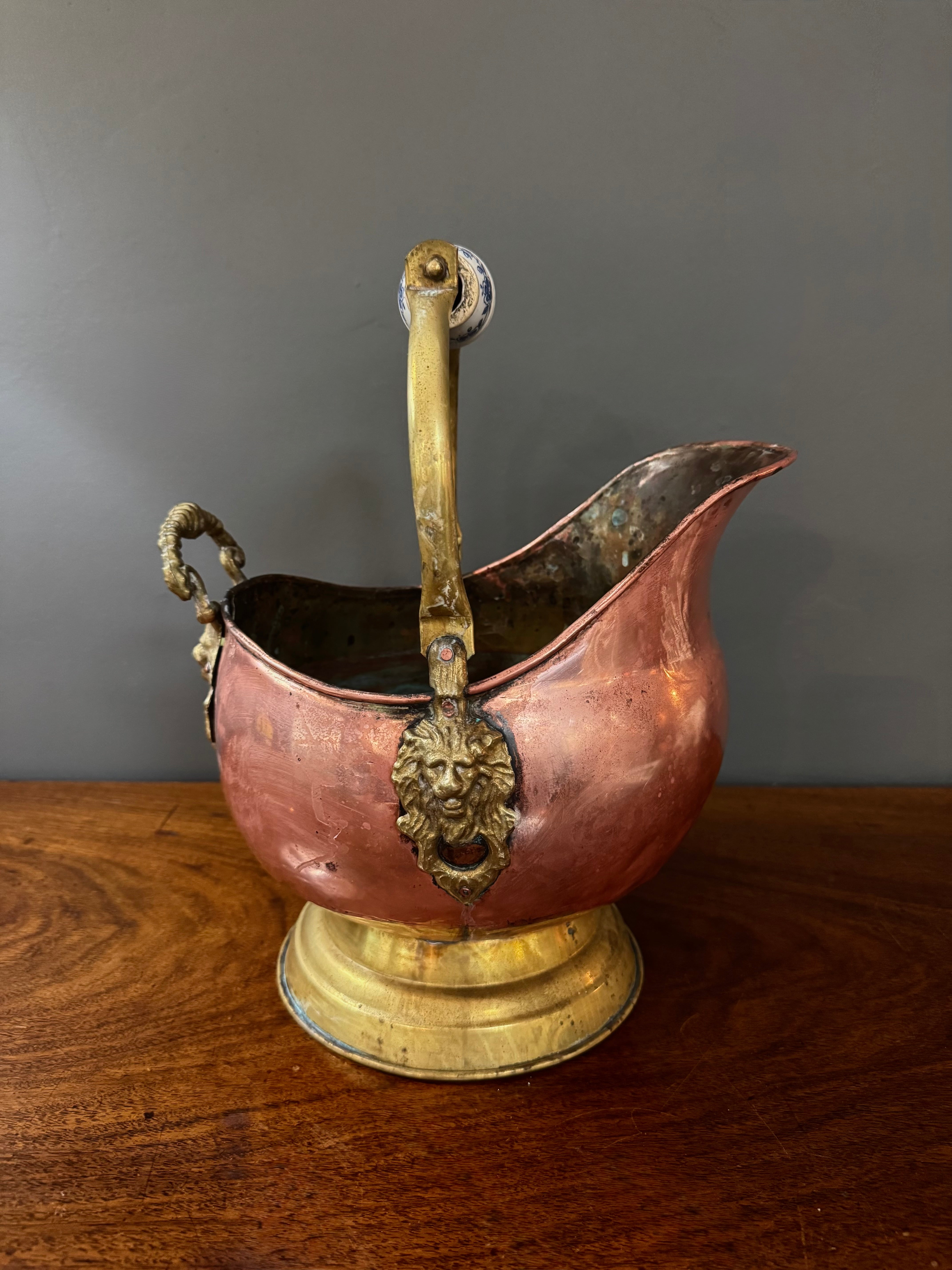 Antique Dutch Copper & Brass Lion Head Scuttle
