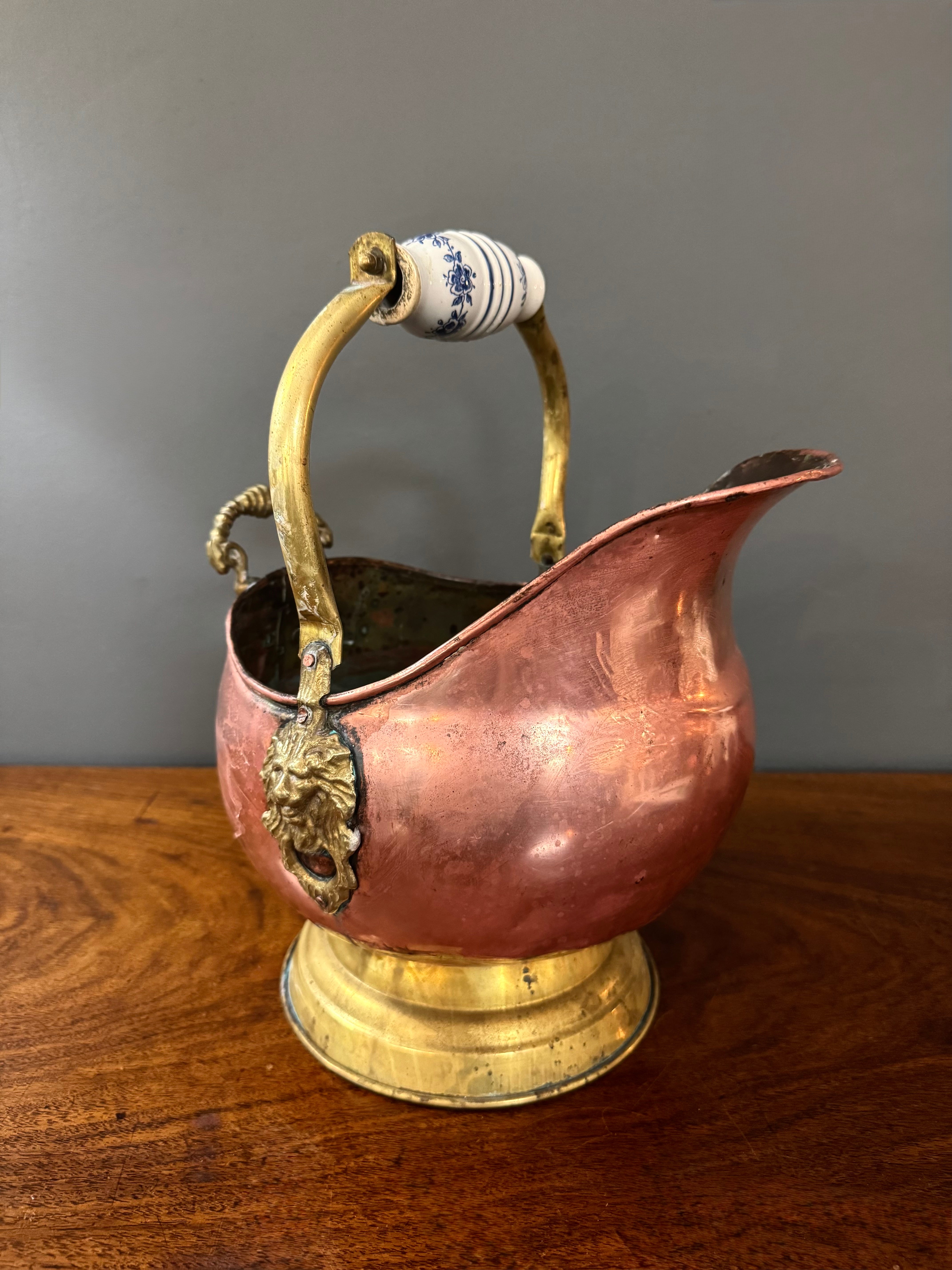 Antique Dutch Copper & Brass Lion Head Scuttle