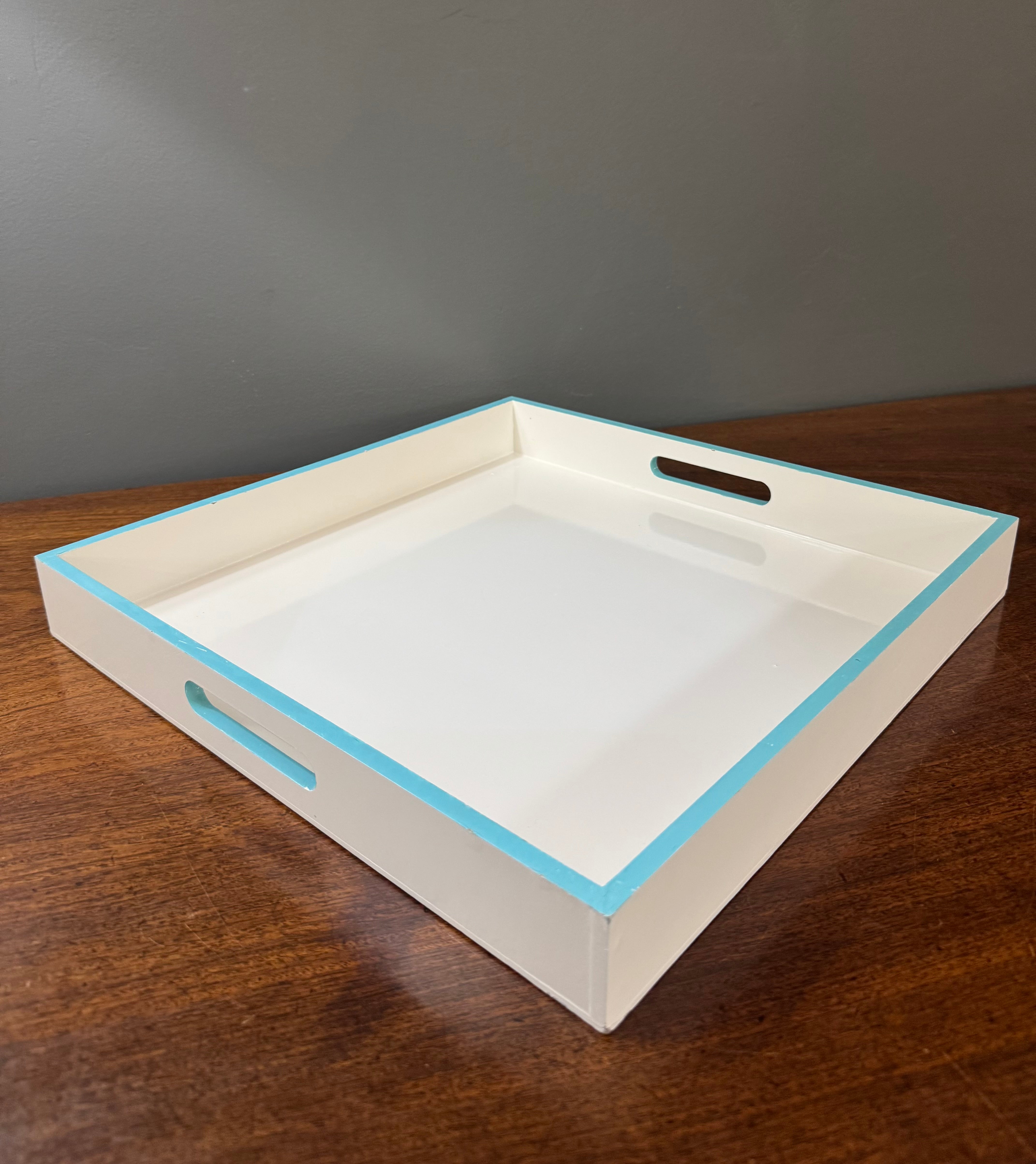 White Lacquer Tray with Blue Trim