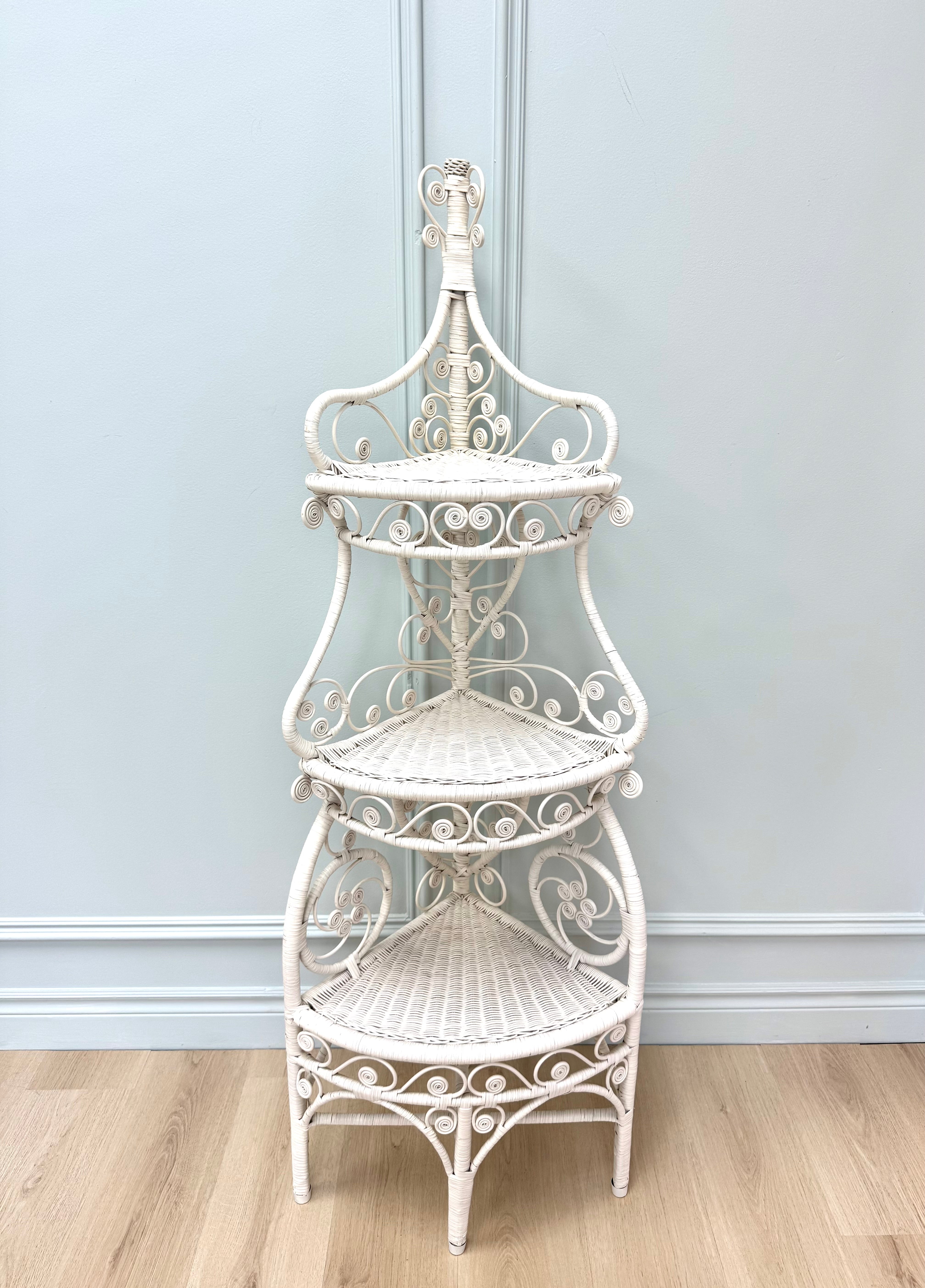 Vintage White Wicker Corner Etagere