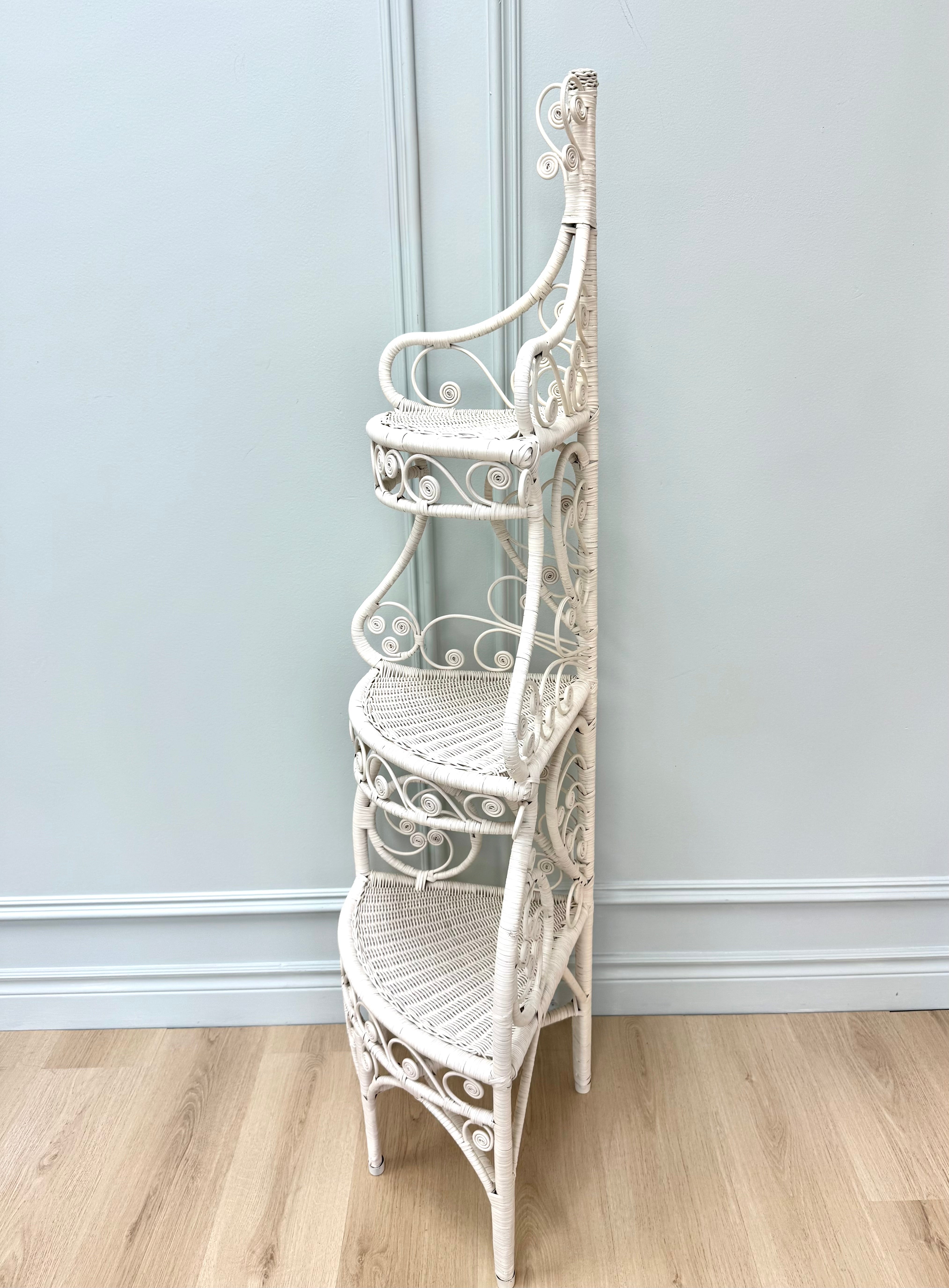 Vintage White Wicker Corner Etagere