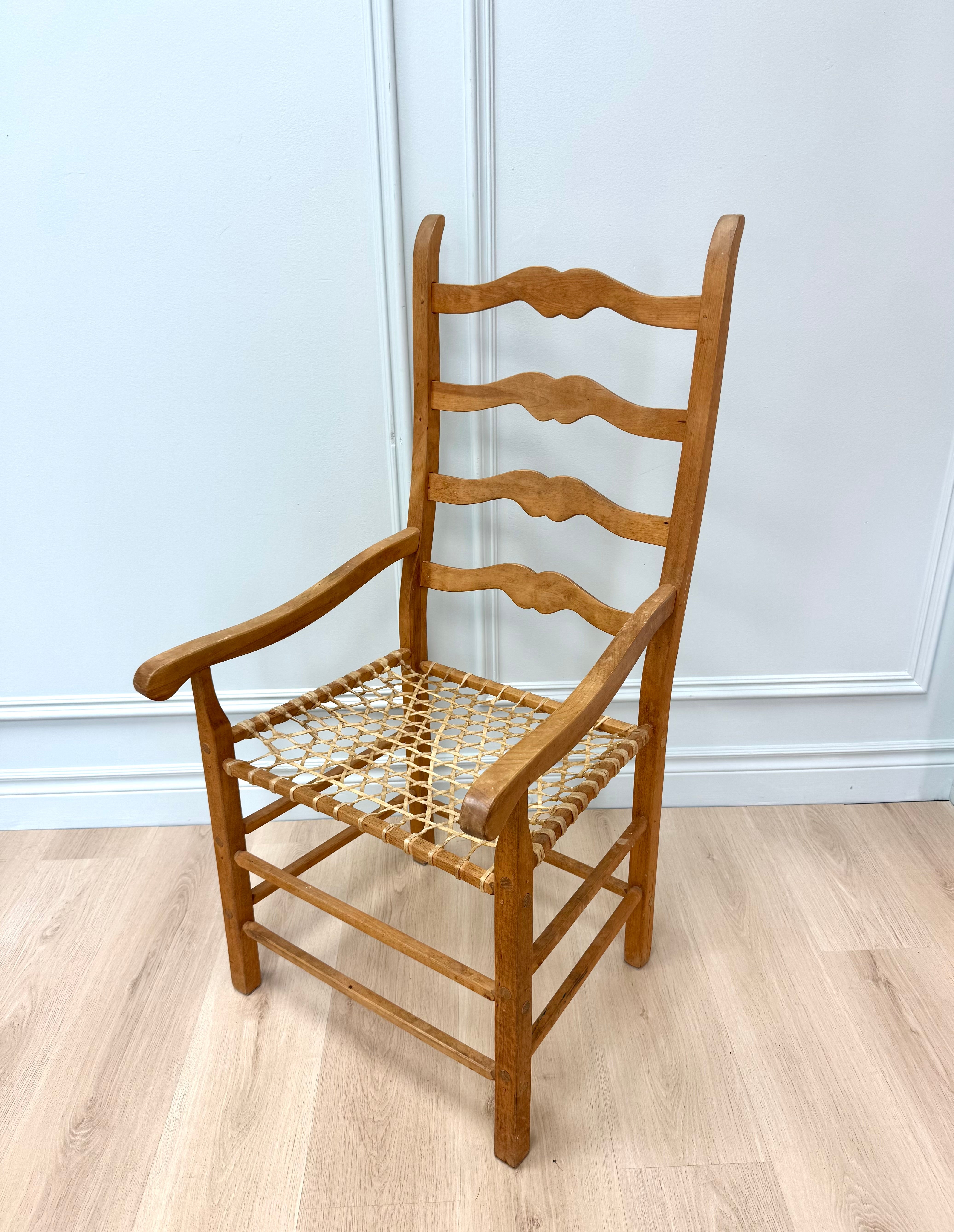 Vintage French Country Ladderback Chair with Woven Rawhide Seat