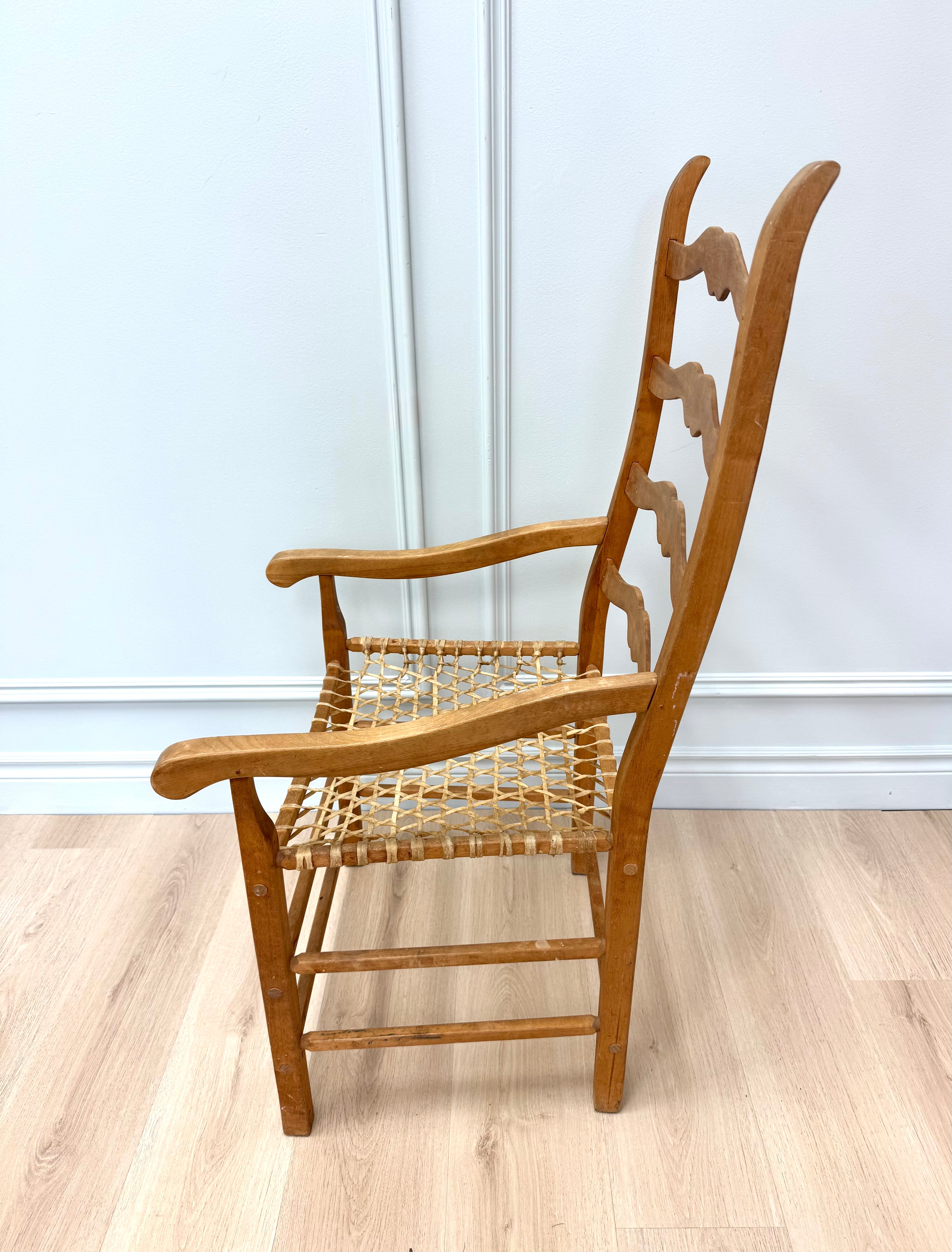 Vintage French Country Ladderback Chair with Woven Rawhide Seat